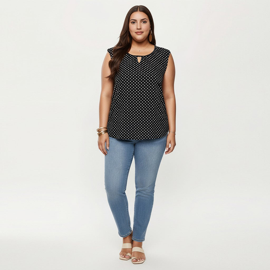 Anna-Kaci Women's Plus Size Sleeveless Blouse with Keyhole Neck Polka Dot Print Lightweight Woven Fabric Top