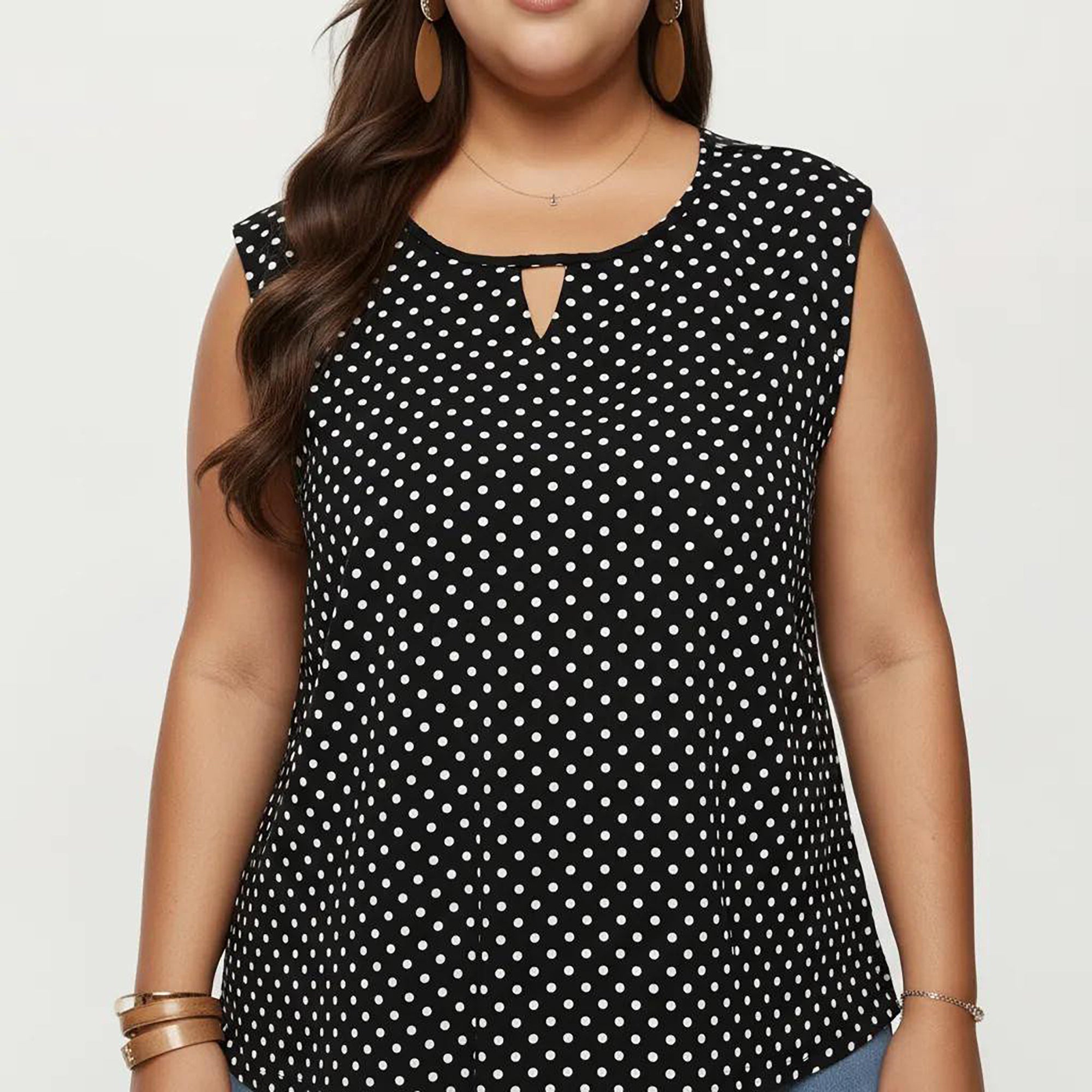 Anna-Kaci Women's Plus Size Sleeveless Blouse with Keyhole Neck Polka Dot Print Lightweight Woven Fabric Top