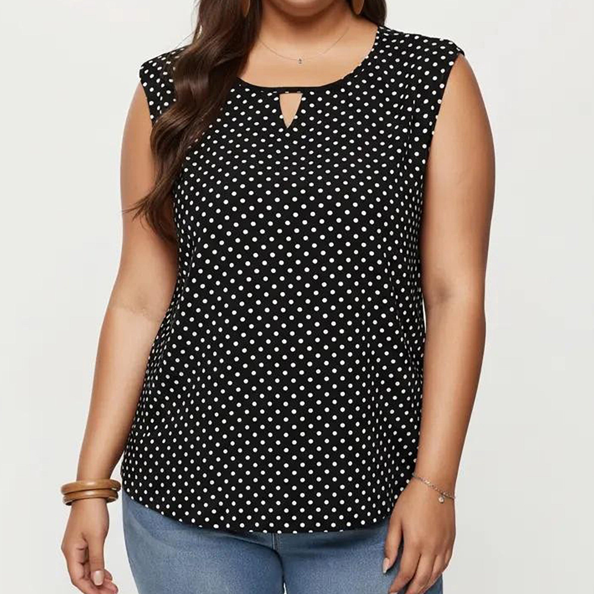 Anna-Kaci Women's Plus Size Sleeveless Blouse with Keyhole Neck Polka Dot Print Lightweight Woven Fabric Top