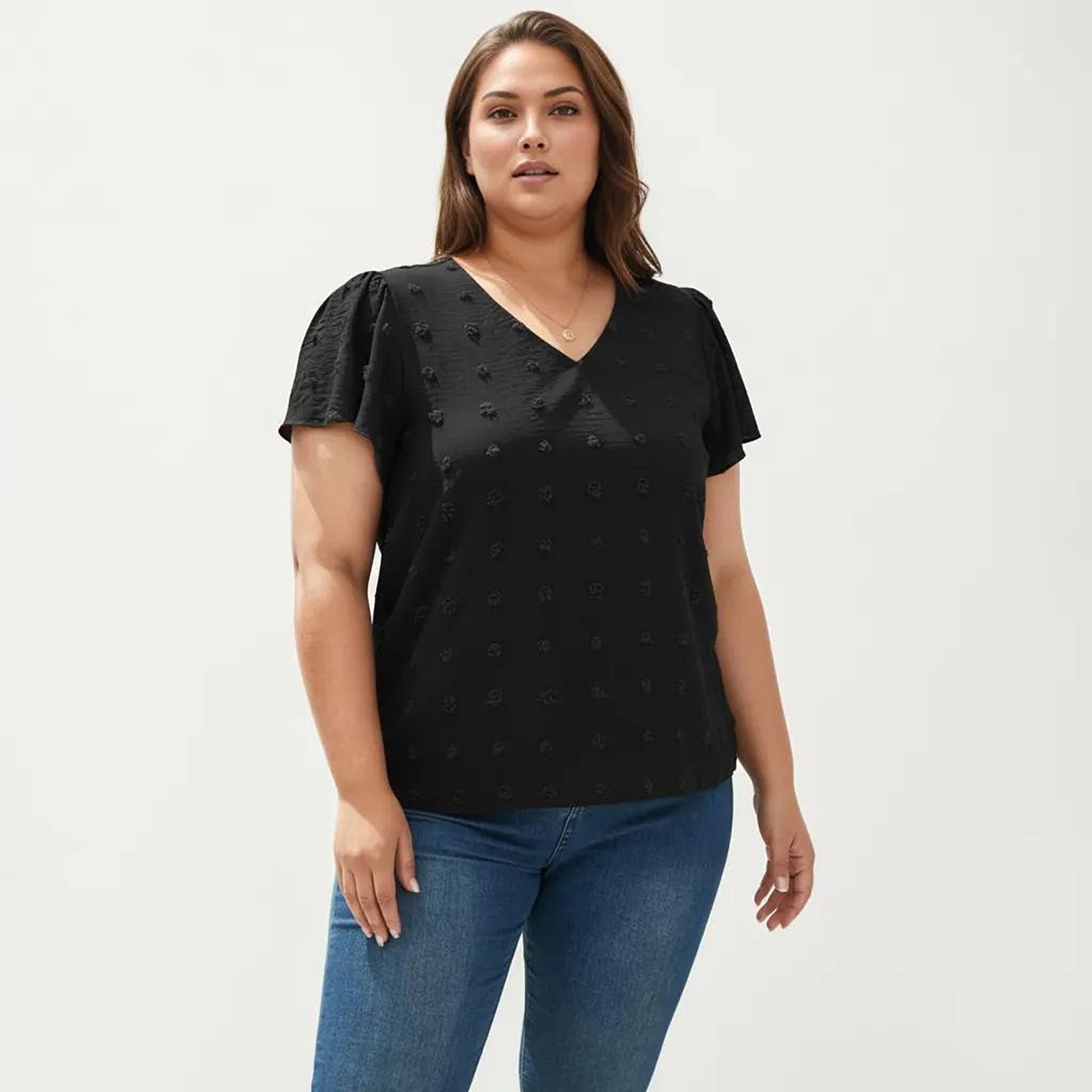 Anna-Kaci Women's Plus Size Short Sleeve V Neck Blouse with Textured Swiss Dot Fabric Lightweight Woven Top