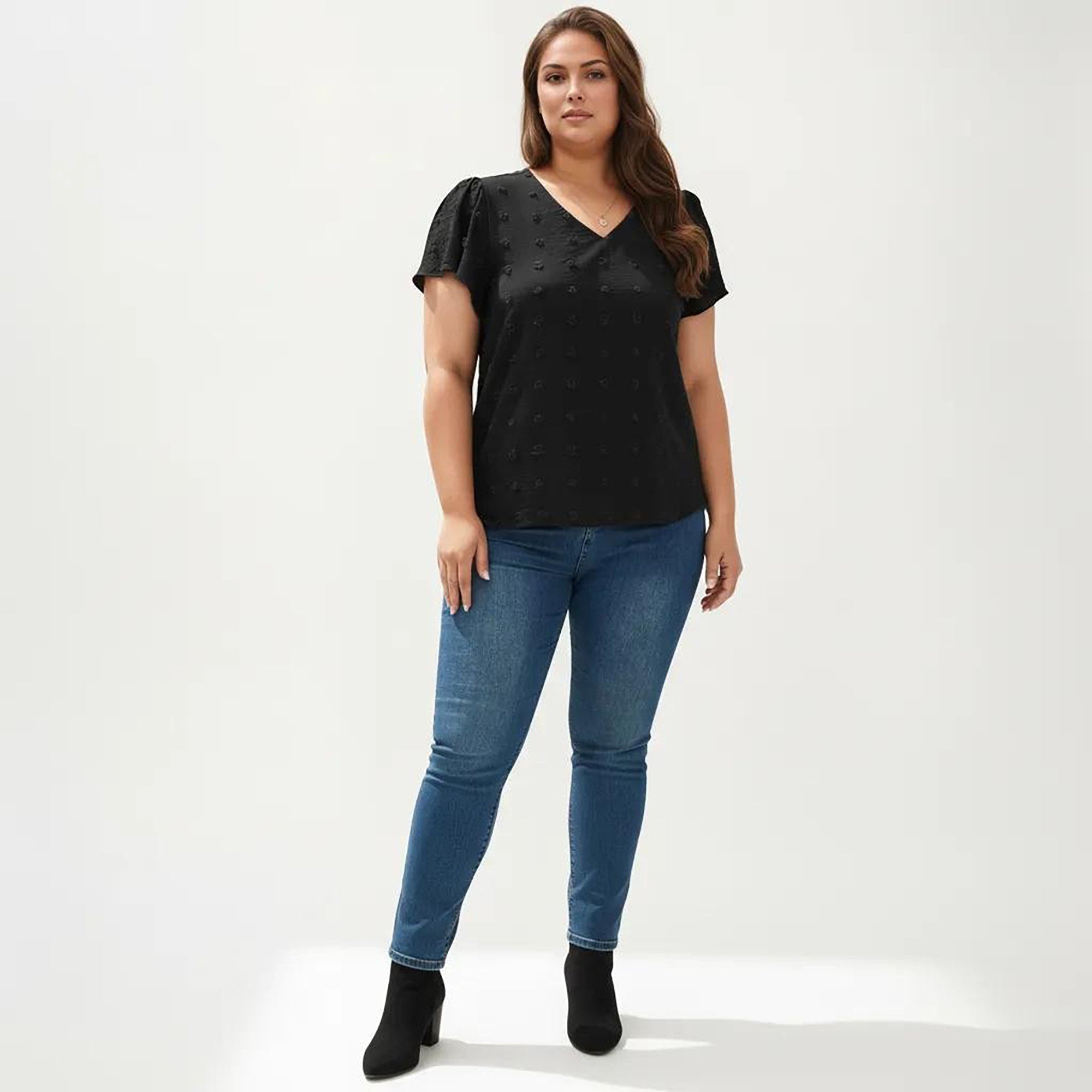 Anna-Kaci Women's Plus Size Short Sleeve V Neck Blouse with Textured Swiss Dot Fabric Lightweight Woven Top