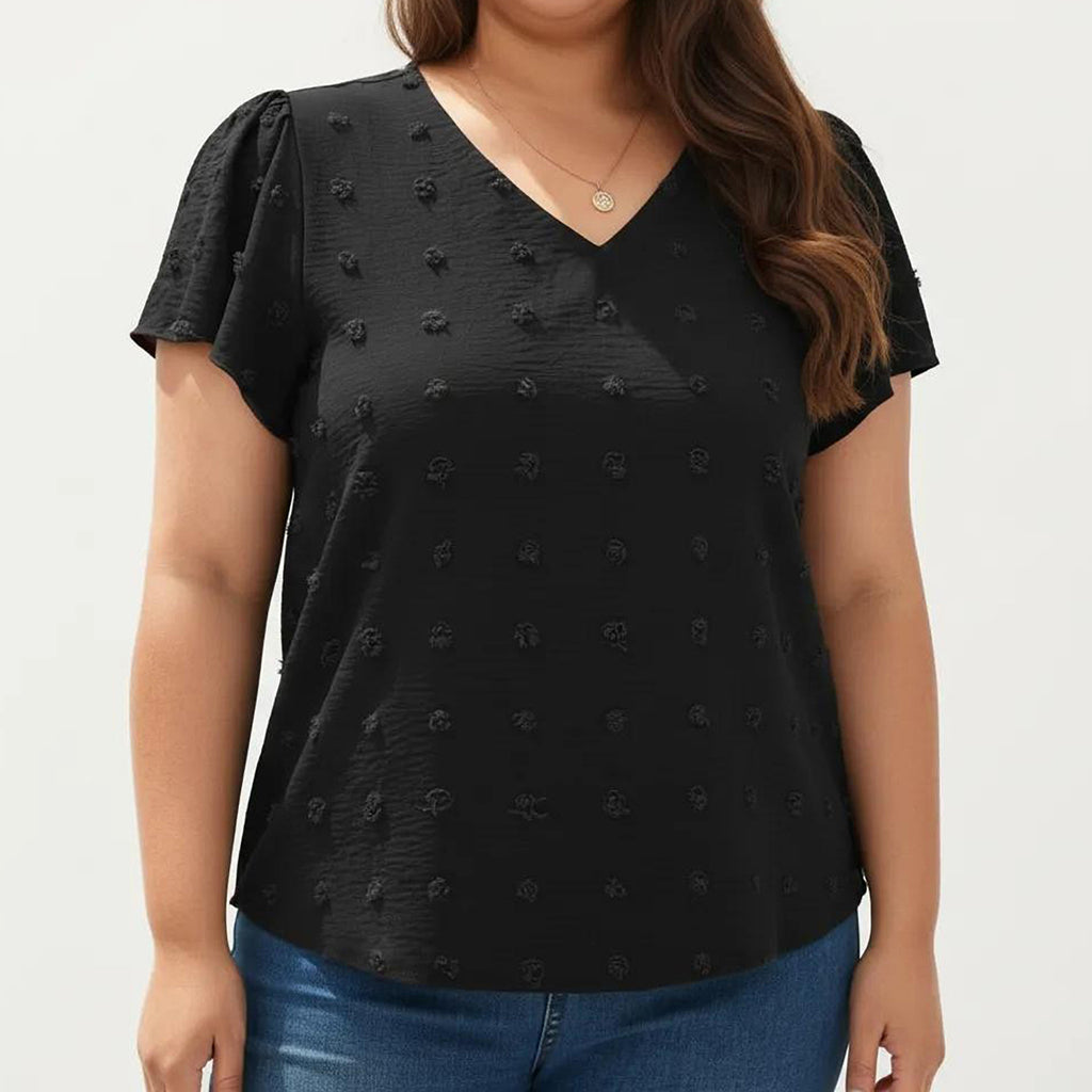 Anna-Kaci Women's Plus Size Short Sleeve V Neck Blouse with Textured Swiss Dot Fabric Lightweight Woven Top