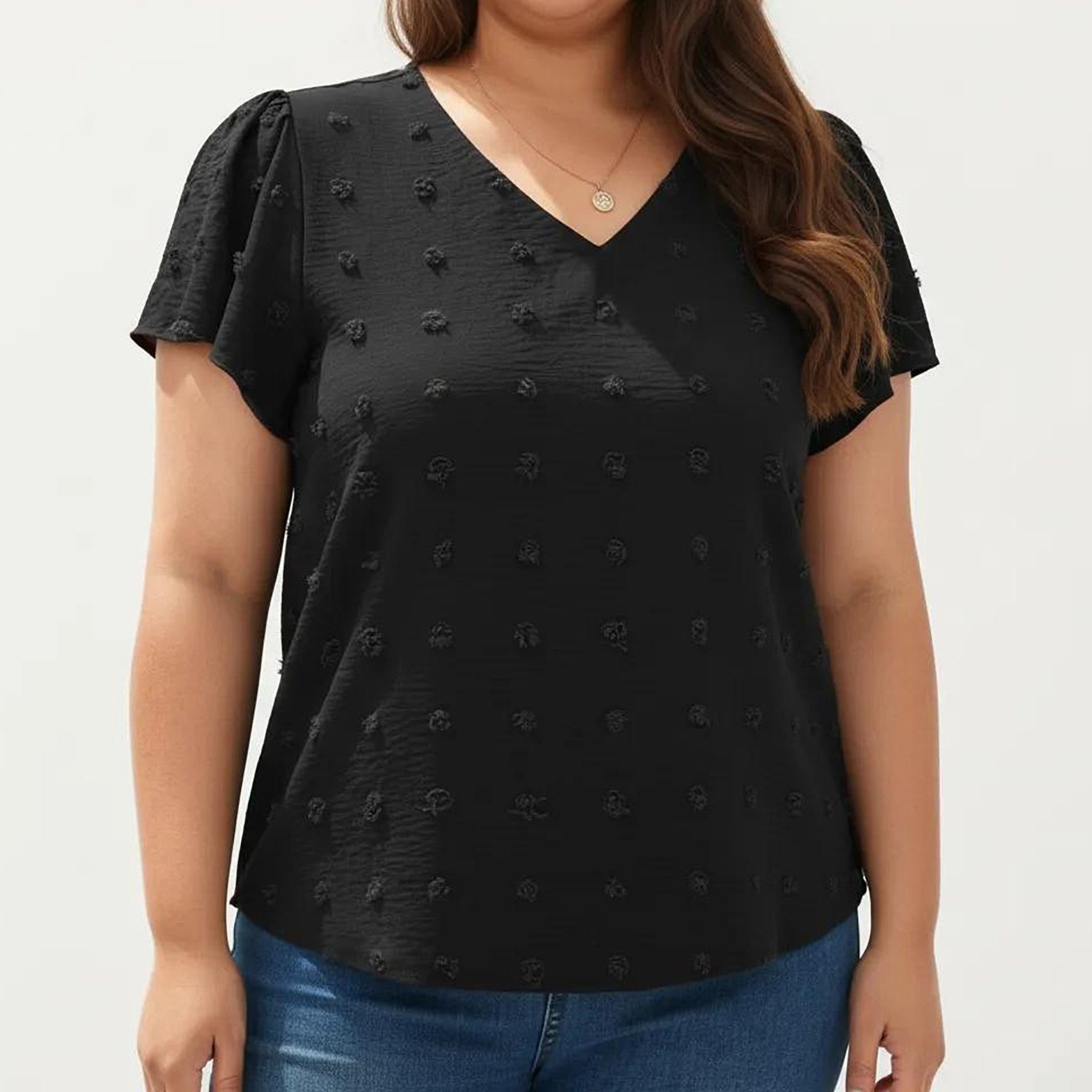 Anna-Kaci Women's Plus Size Short Sleeve V Neck Blouse with Textured Swiss Dot Fabric Lightweight Woven Top