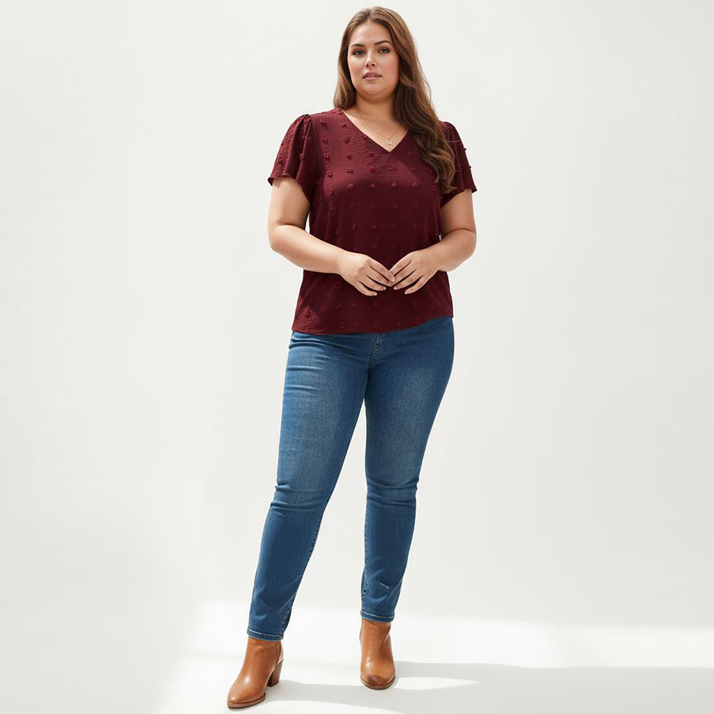 Anna-Kaci Women's Plus Size Short Sleeve V Neck Blouse with Textured Swiss Dot Fabric Lightweight Woven Top
