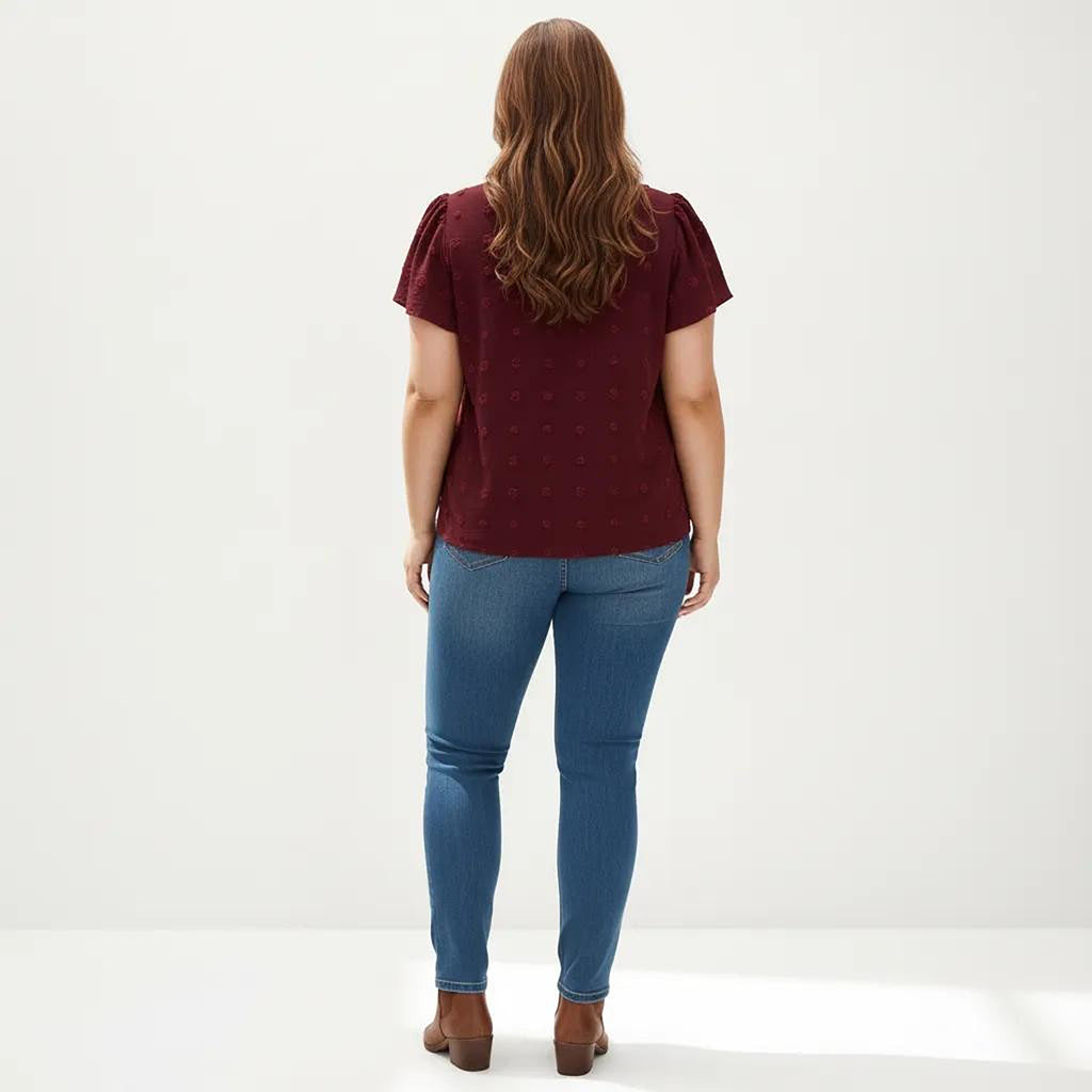 Anna-Kaci Women's Plus Size Short Sleeve V Neck Blouse with Textured Swiss Dot Fabric Lightweight Woven Top