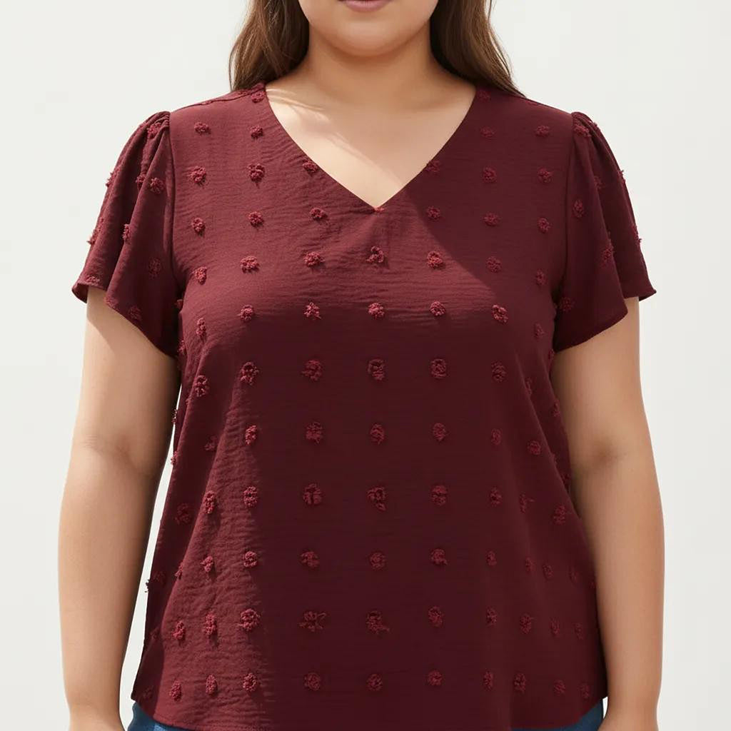 Anna-Kaci Women's Plus Size Short Sleeve V Neck Blouse with Textured Swiss Dot Fabric Lightweight Woven Top