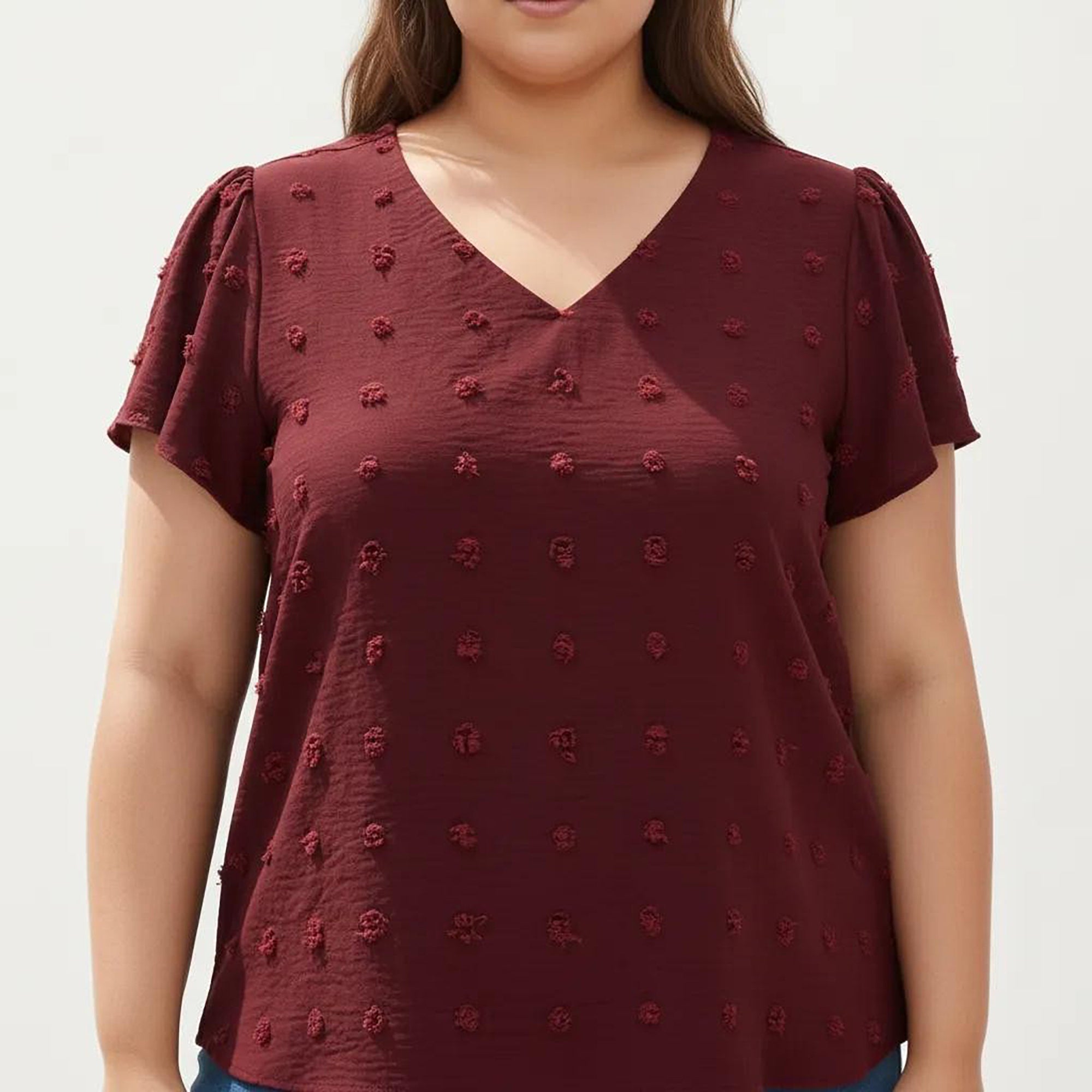 Anna-Kaci Women's Plus Size Short Sleeve V Neck Blouse with Textured Swiss Dot Fabric Lightweight Woven Top
