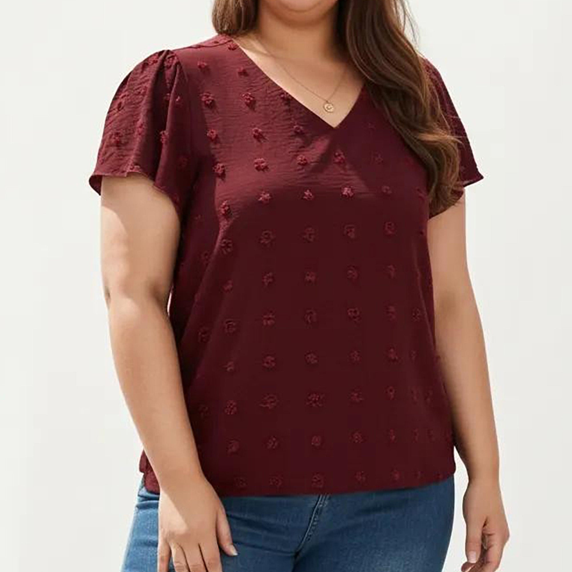 Anna-Kaci Women's Plus Size Short Sleeve V Neck Blouse with Textured Swiss Dot Fabric Lightweight Woven Top