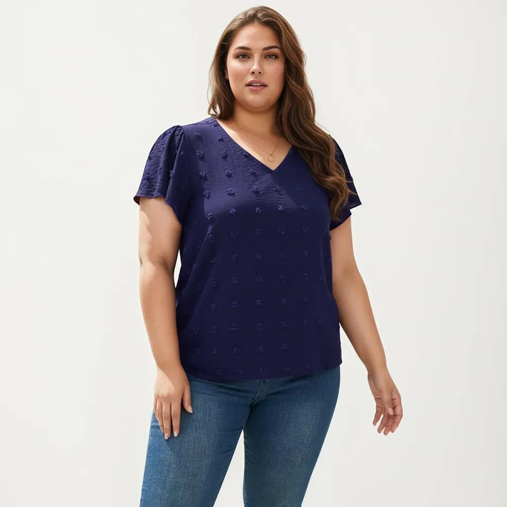 Anna-Kaci Women's Plus Size Short Sleeve V Neck Blouse with Textured Swiss Dot Fabric Lightweight Woven Top