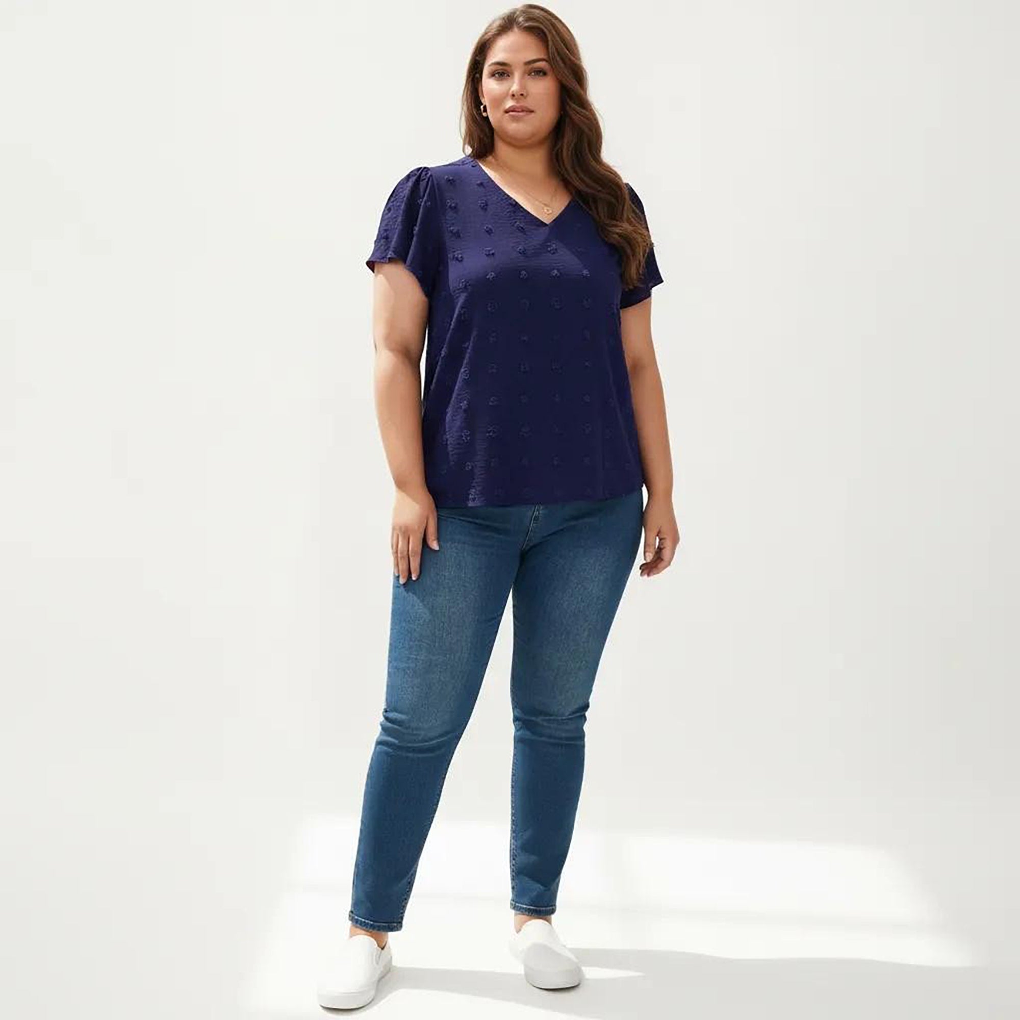 Anna-Kaci Women's Plus Size Short Sleeve V Neck Blouse with Textured Swiss Dot Fabric Lightweight Woven Top