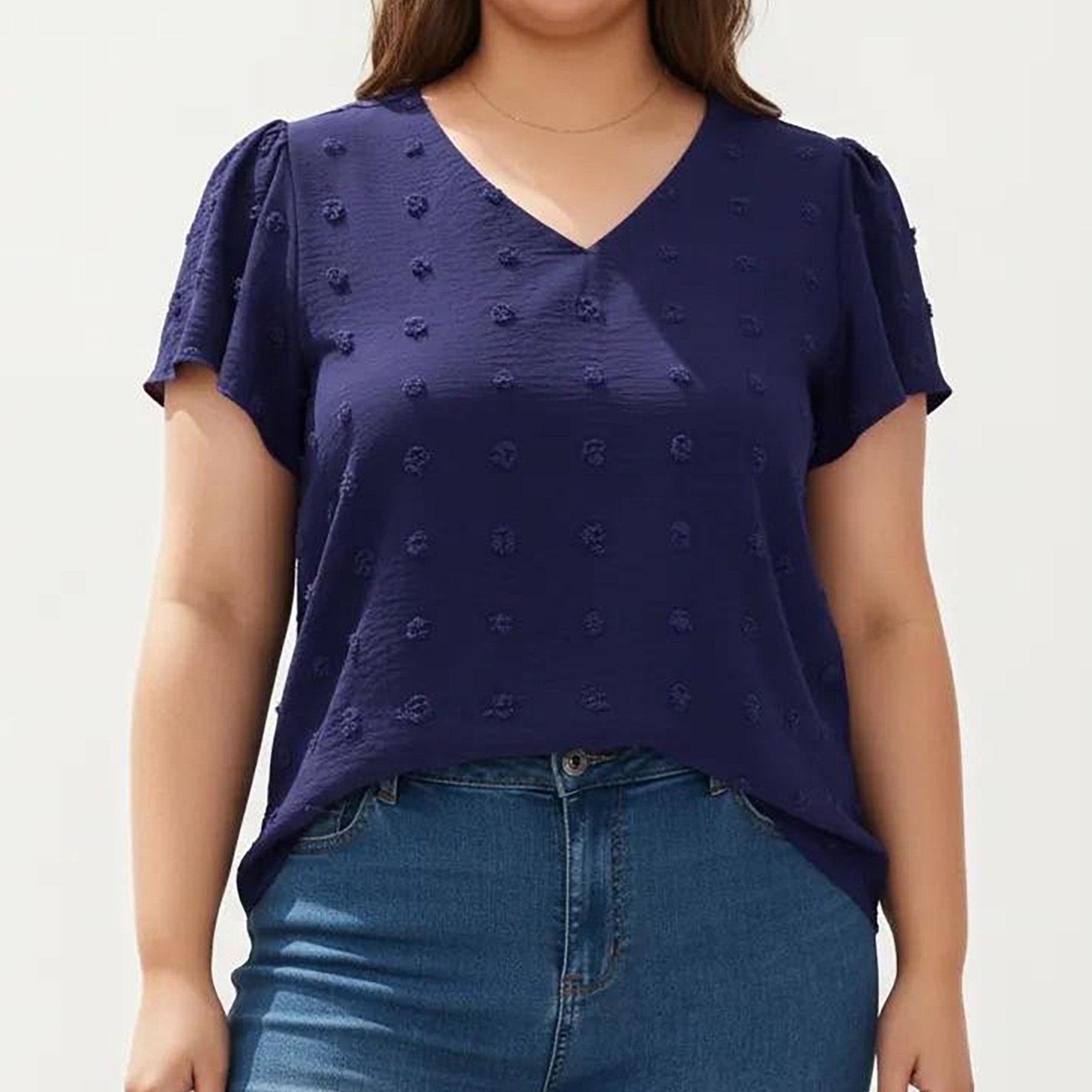 Anna-Kaci Women's Plus Size Short Sleeve V Neck Blouse with Textured Swiss Dot Fabric Lightweight Woven Top