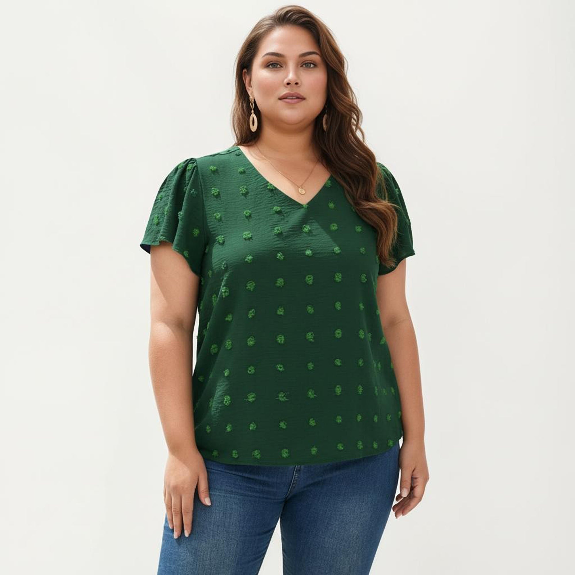 Anna-Kaci Women's Plus Size Short Sleeve V Neck Blouse with Textured Swiss Dot Fabric Lightweight Woven Top