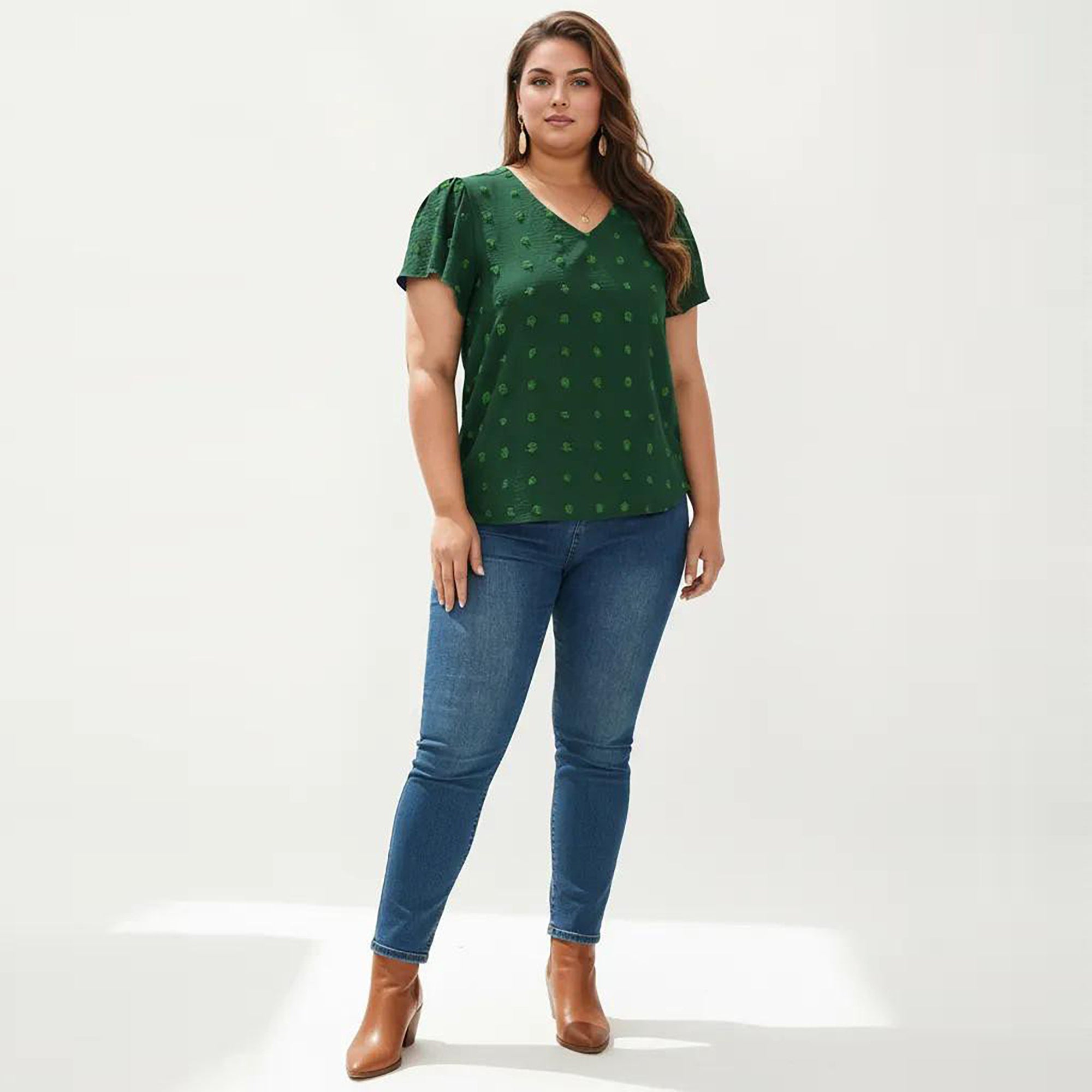 Anna-Kaci Women's Plus Size Short Sleeve V Neck Blouse with Textured Swiss Dot Fabric Lightweight Woven Top
