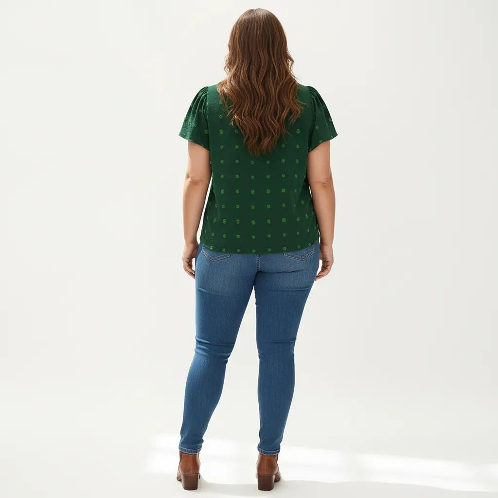 Anna-Kaci Women's Plus Size Short Sleeve V Neck Blouse with Textured Swiss Dot Fabric Lightweight Woven Top