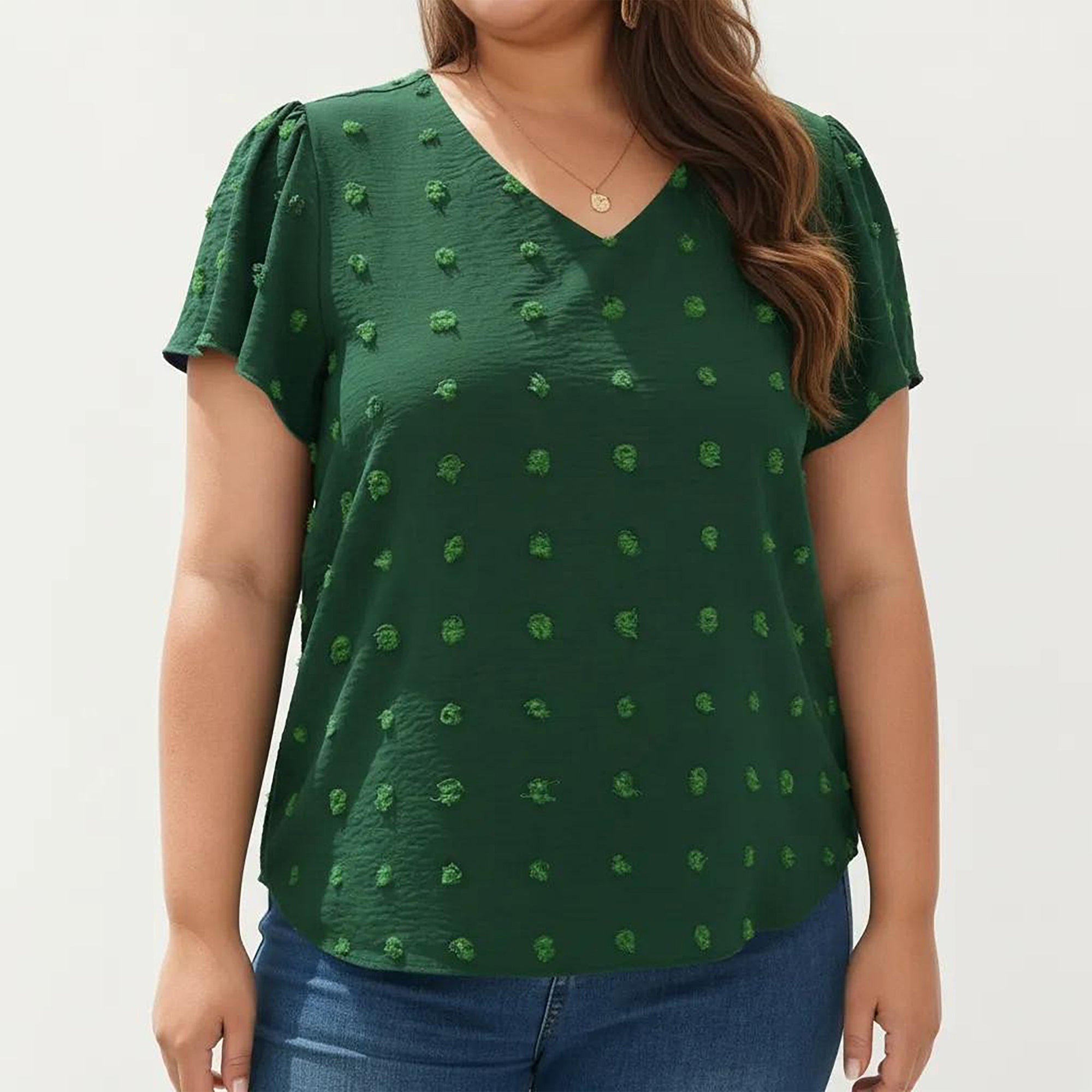 Anna-Kaci Women's Plus Size Short Sleeve V Neck Blouse with Textured Swiss Dot Fabric Lightweight Woven Top