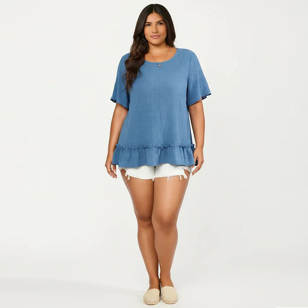 Anna-Kaci Women's Plus Size Short Sleeve Peplum Top with Textured Knit Fabric Round Neck Ruffle Hem Shirt