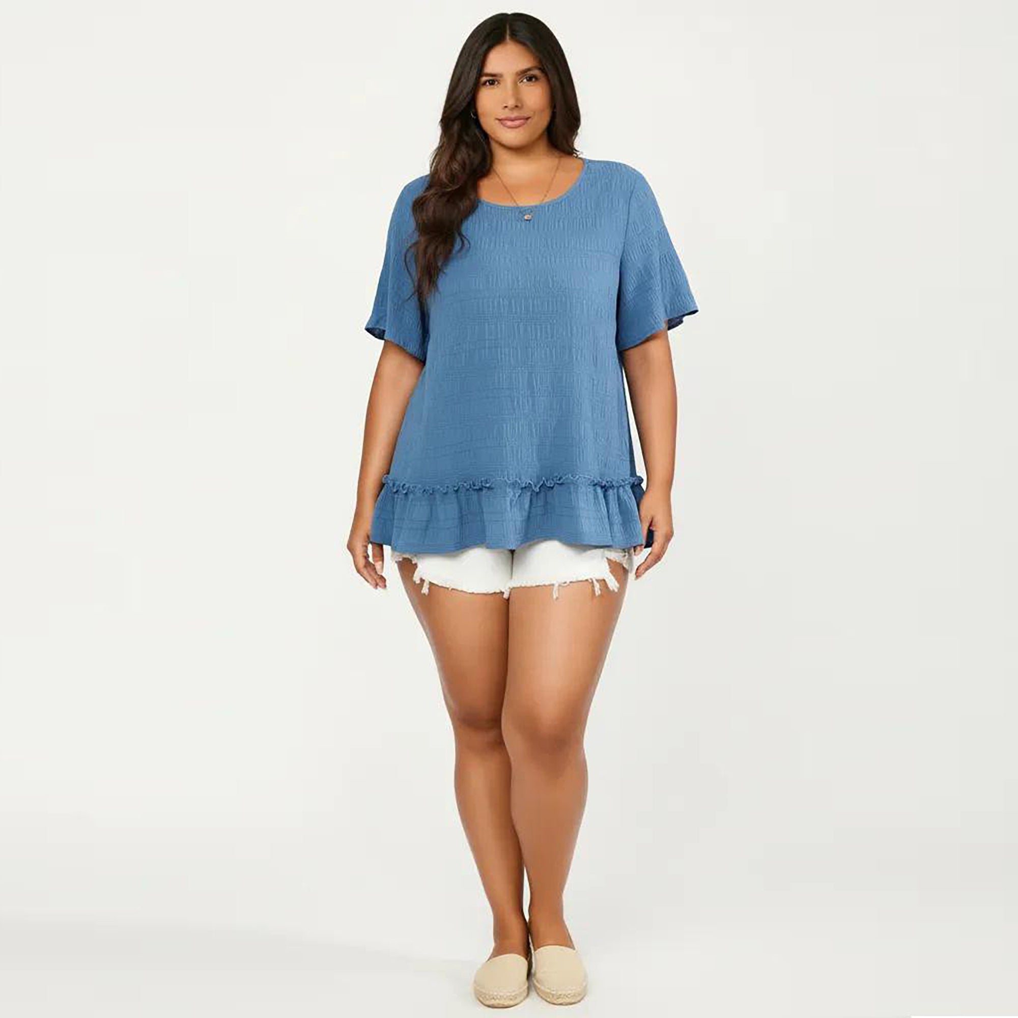 Anna-Kaci Women's Plus Size Short Sleeve Peplum Top with Textured Knit Fabric Round Neck Ruffle Hem Shirt