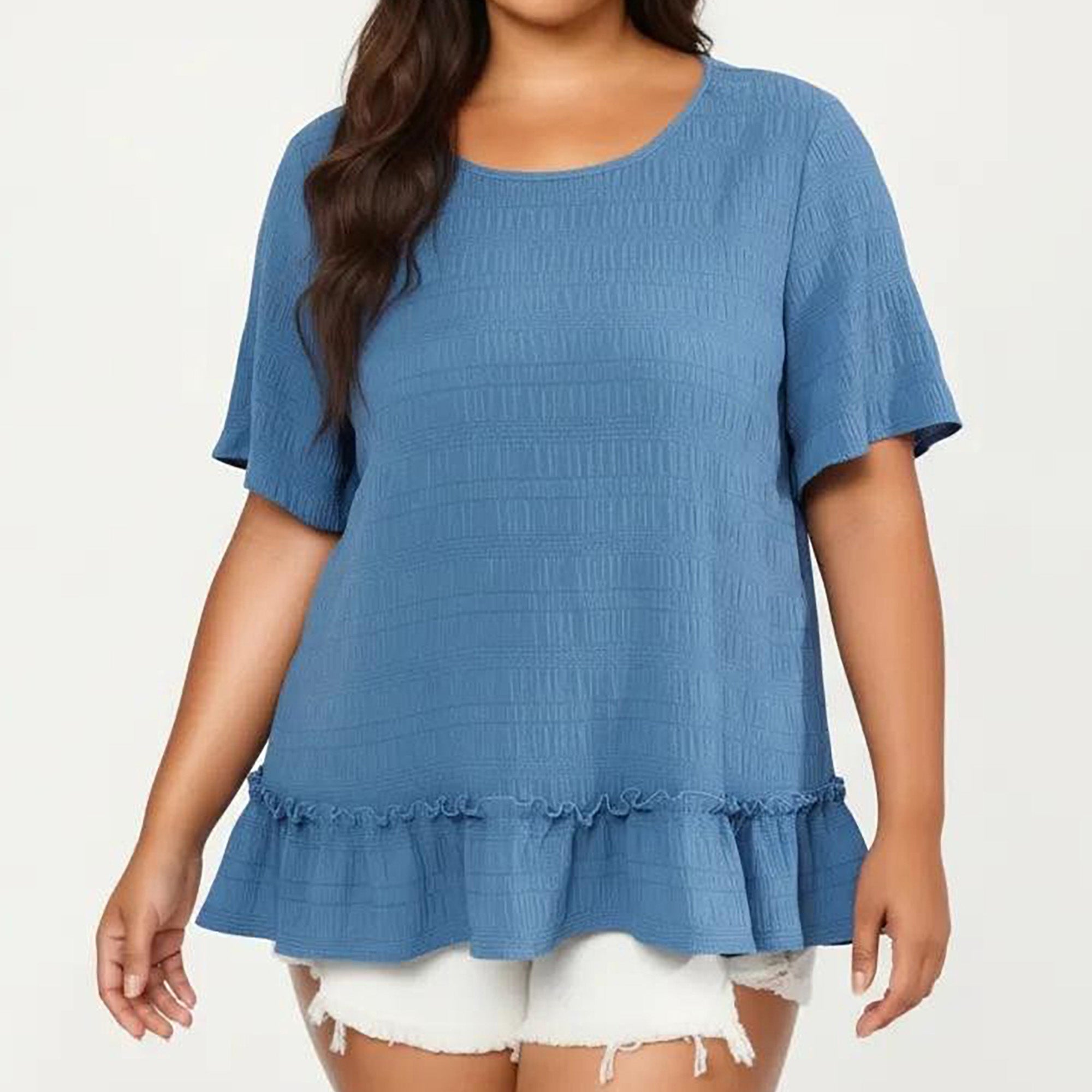 Anna-Kaci Women's Plus Size Short Sleeve Peplum Top with Textured Knit Fabric Round Neck Ruffle Hem Shirt