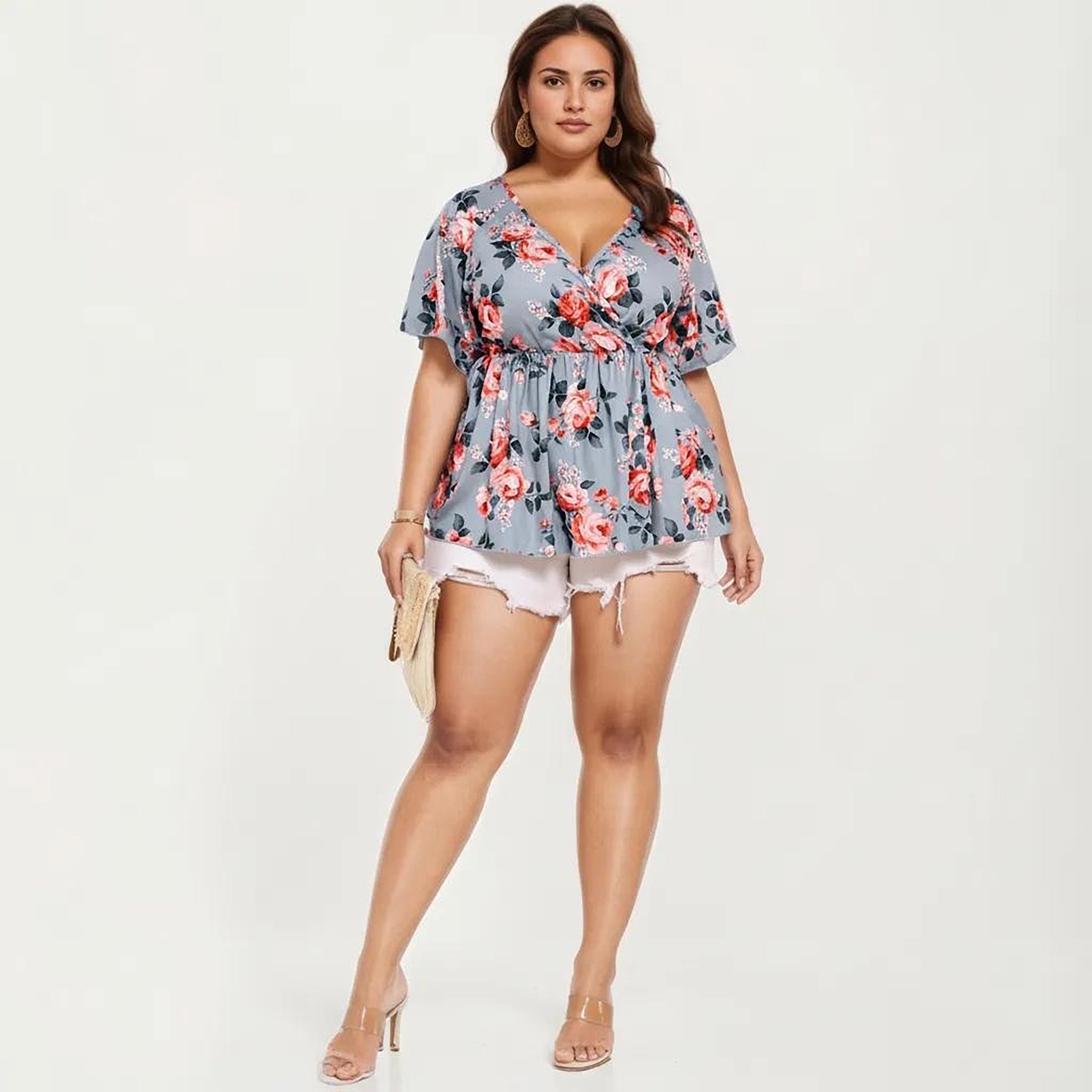 Anna-Kaci Women's Plus Size Short Sleeve Wrap V Neck Peplum Top with Floral Print Lightweight Fabric Blouse