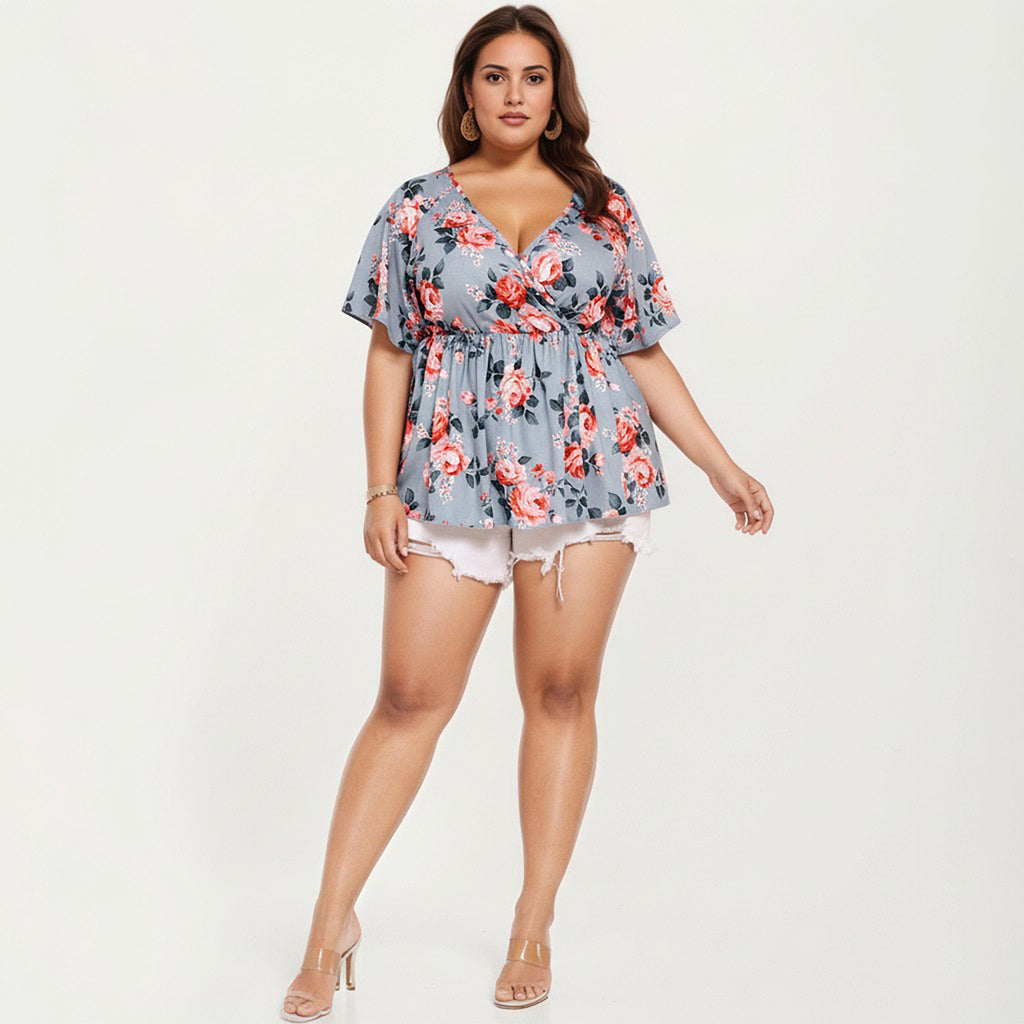 Anna-Kaci Women's Plus Size Short Sleeve Wrap V Neck Peplum Top with Floral Print Lightweight Fabric Blouse