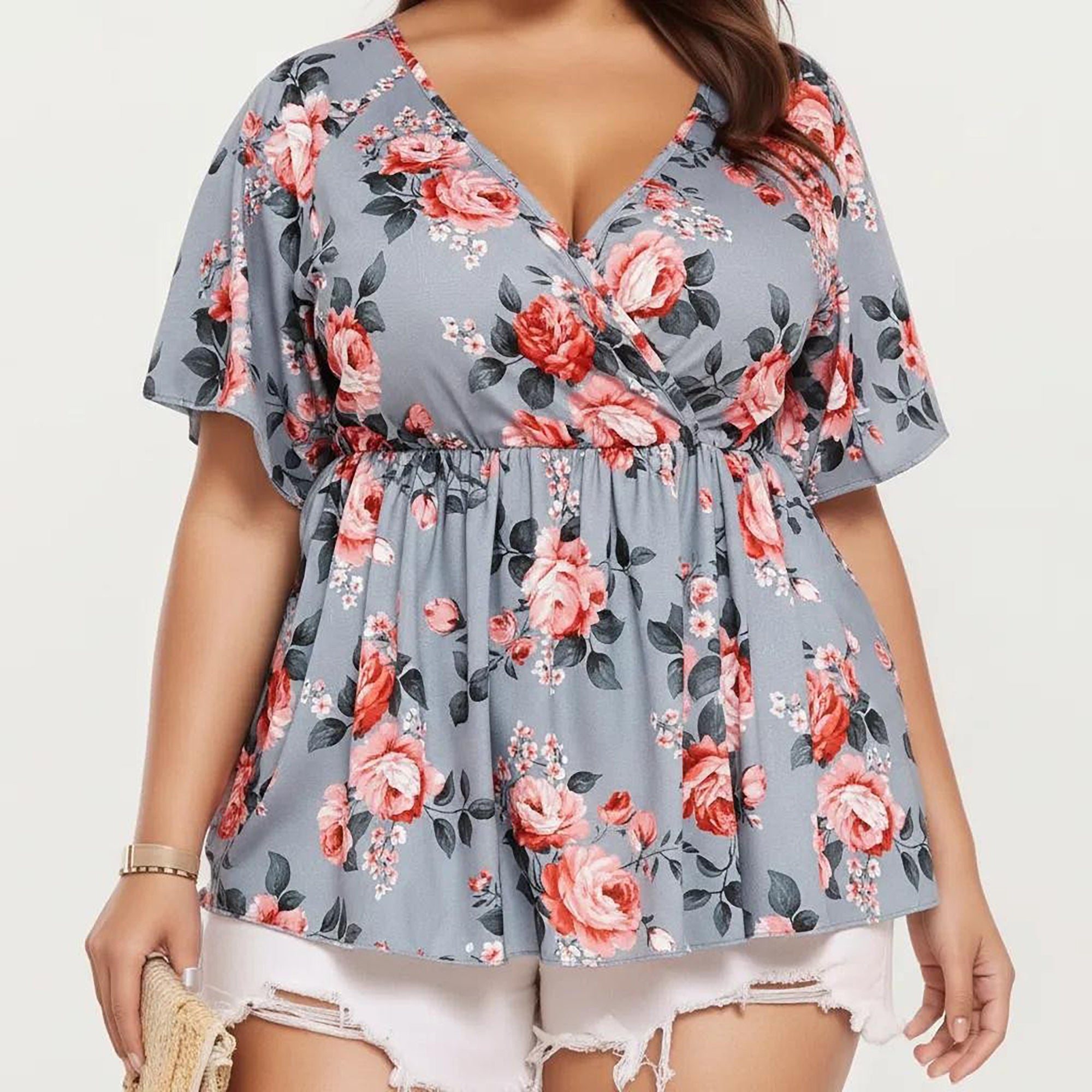 Anna-Kaci Women's Plus Size Short Sleeve Wrap V Neck Peplum Top with Floral Print Lightweight Fabric Blouse