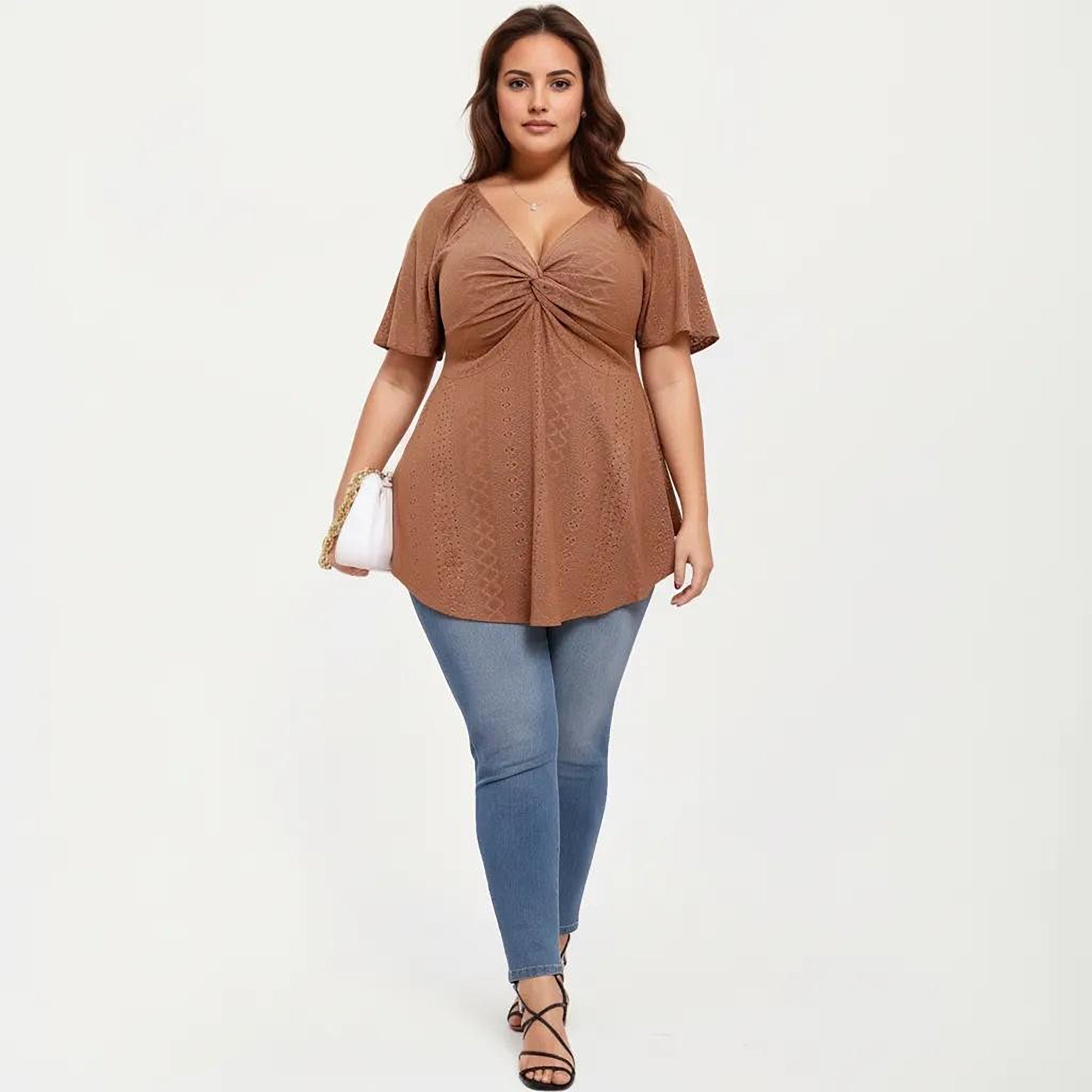Anna-Kaci Women's Plus Size Short Sleeve Twist Front V Neck Peplum Top with Textured Eyelet Fabric Blouse