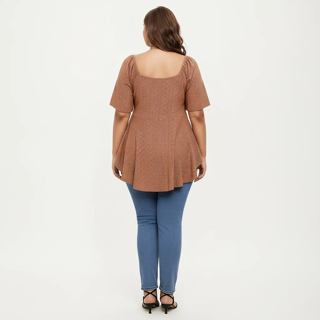 Anna-Kaci Women's Plus Size Short Sleeve Twist Front V Neck Peplum Top with Textured Eyelet Fabric Blouse
