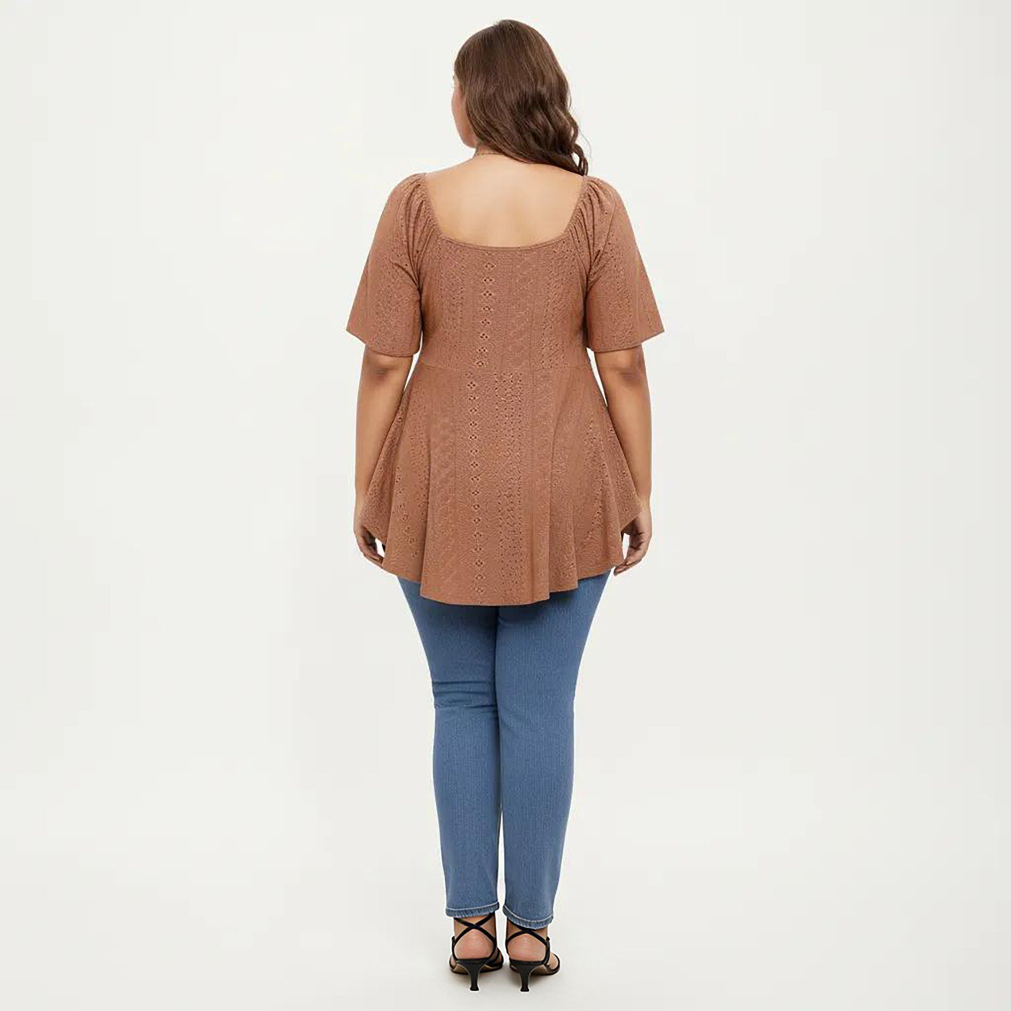 Anna-Kaci Women's Plus Size Short Sleeve Twist Front V Neck Peplum Top with Textured Eyelet Fabric Blouse