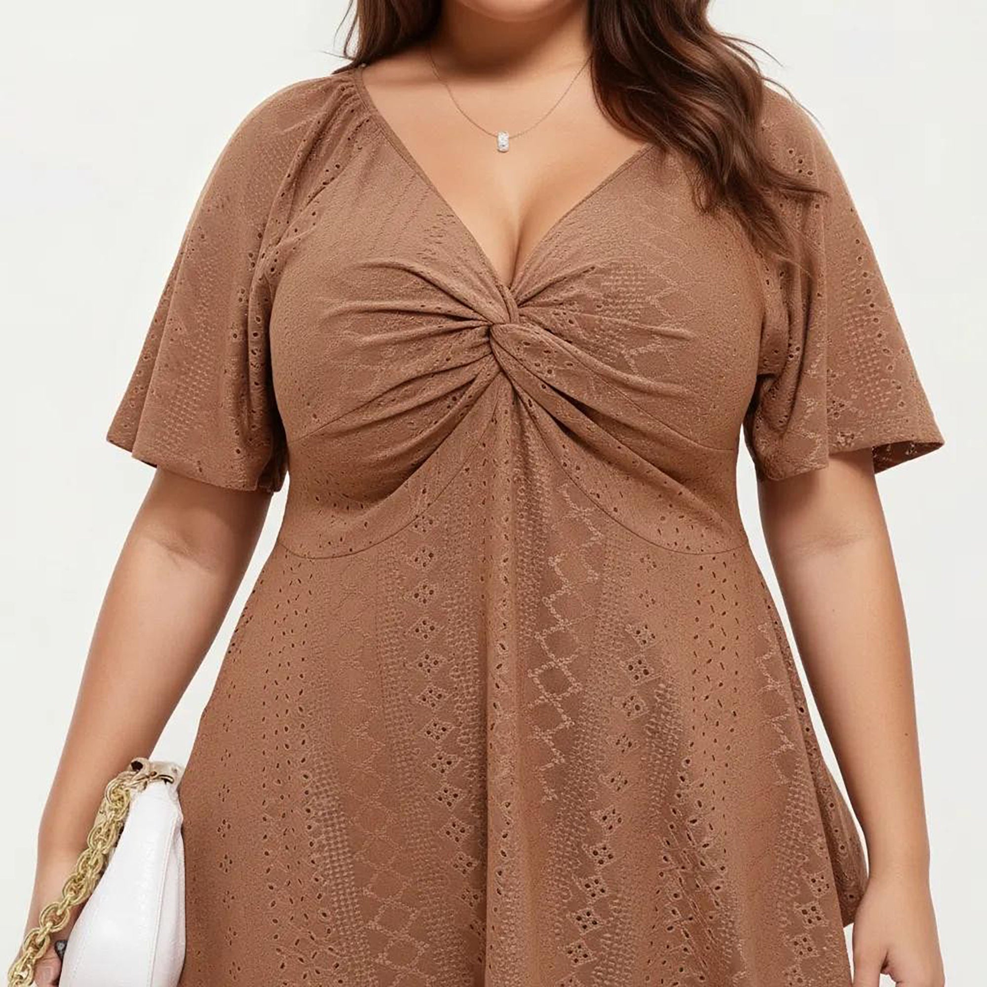 Anna-Kaci Women's Plus Size Short Sleeve Twist Front V Neck Peplum Top with Textured Eyelet Fabric Blouse