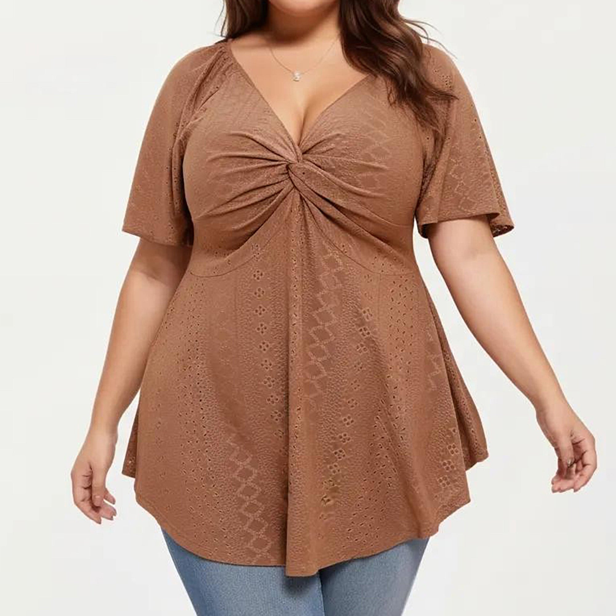 Anna-Kaci Women's Plus Size Short Sleeve Twist Front V Neck Peplum Top with Textured Eyelet Fabric Blouse
