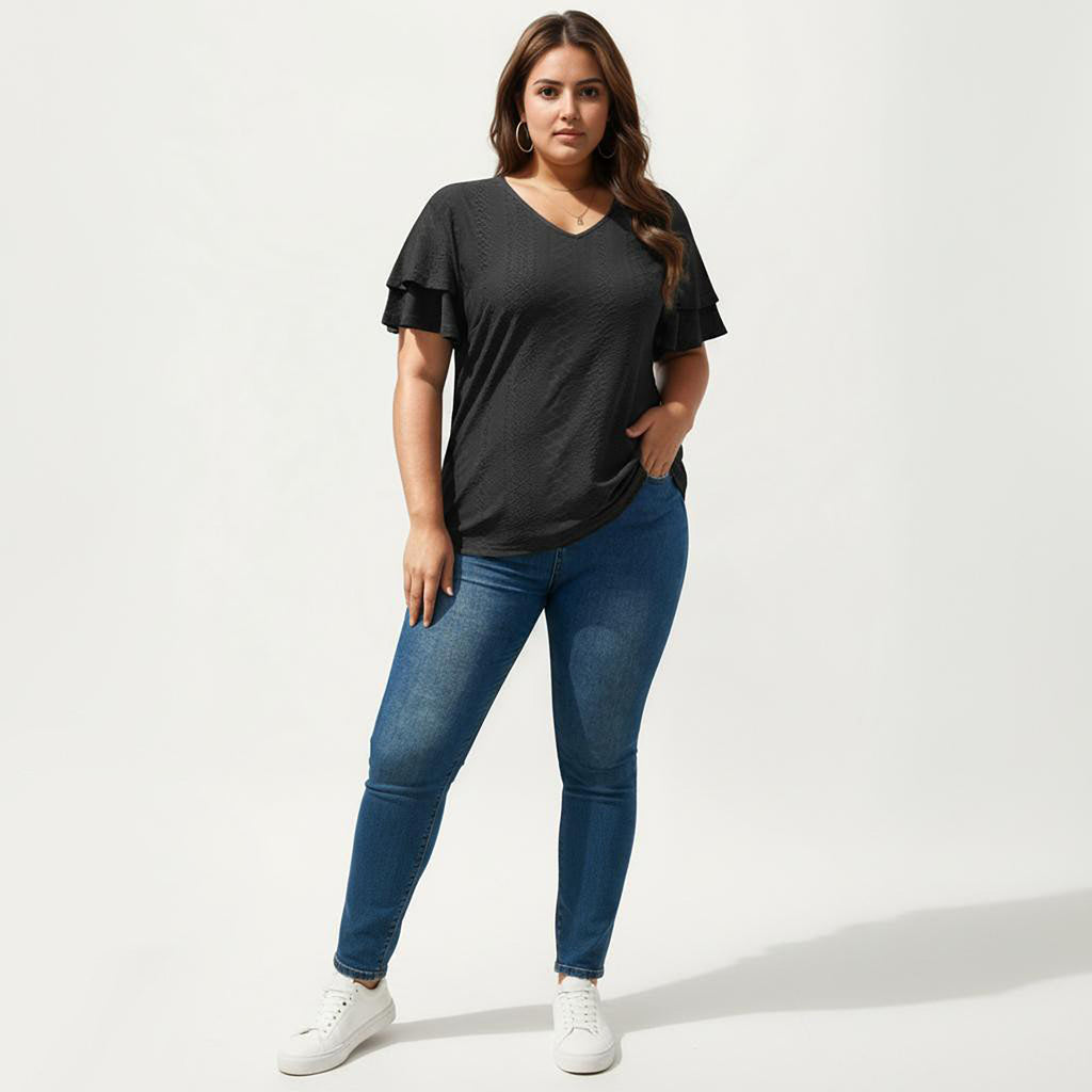Anna-Kaci Women's Plus Size Short Sleeve V Neck Top with Textured Knit Fabric Tiered Ruffle Sleeves Shirt
