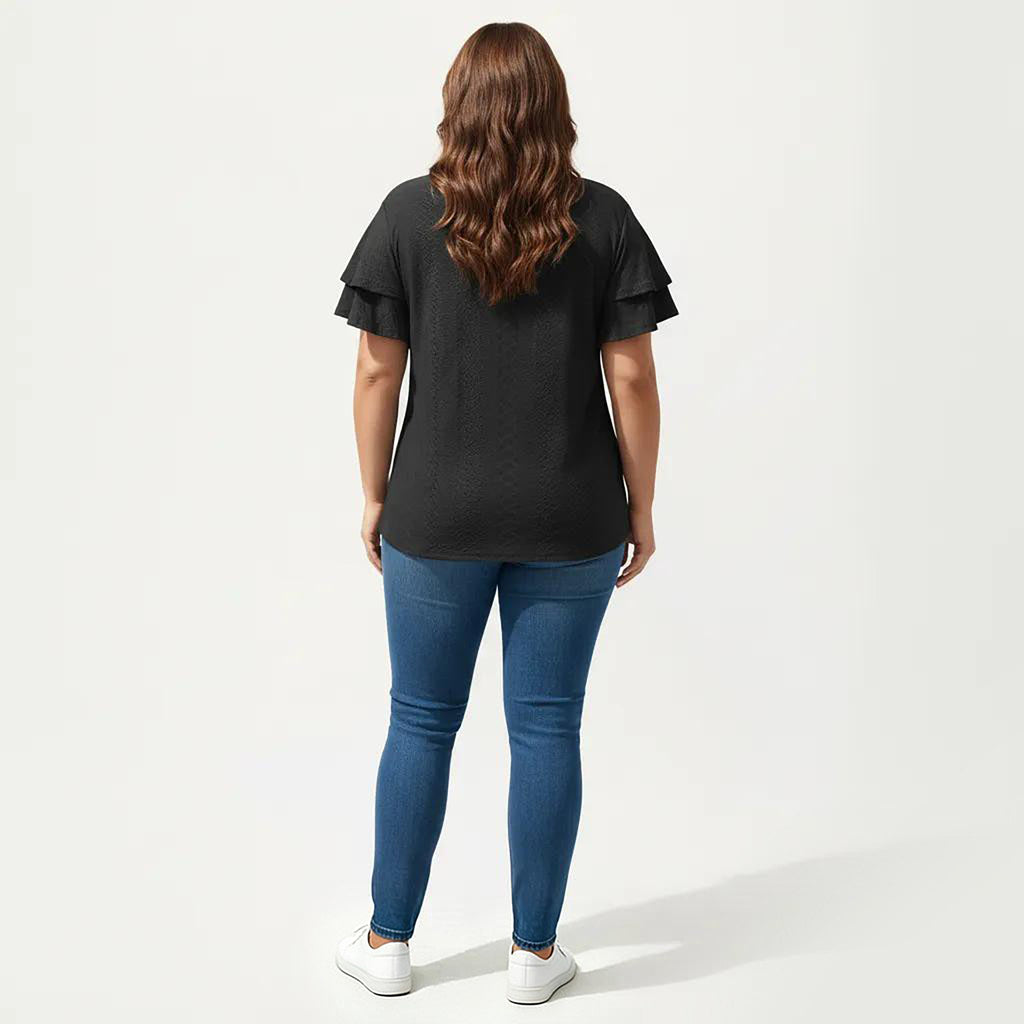 Anna-Kaci Women's Plus Size Short Sleeve V Neck Top with Textured Knit Fabric Tiered Ruffle Sleeves Shirt