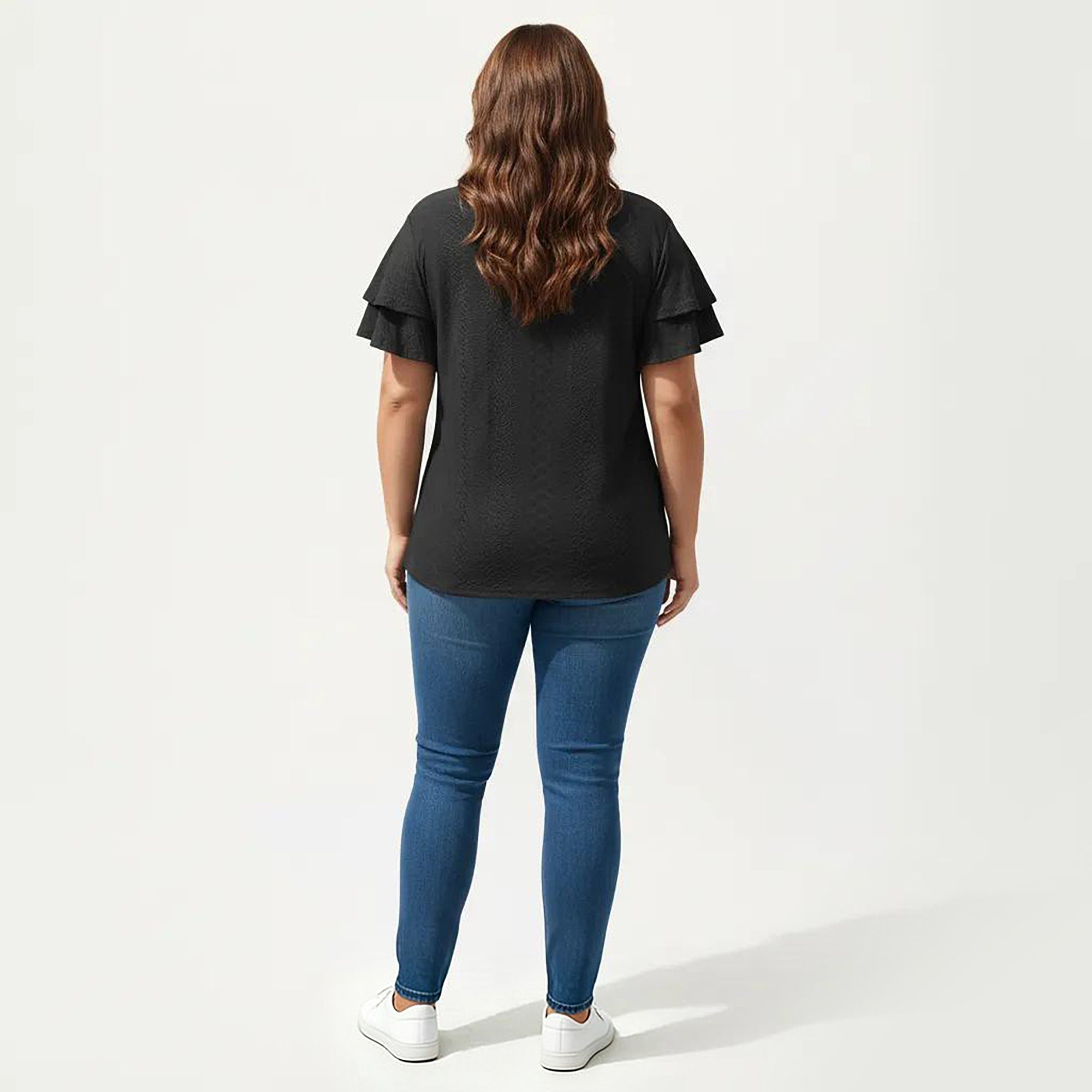 Anna-Kaci Women's Plus Size Short Sleeve V Neck Top with Textured Knit Fabric Tiered Ruffle Sleeves Shirt