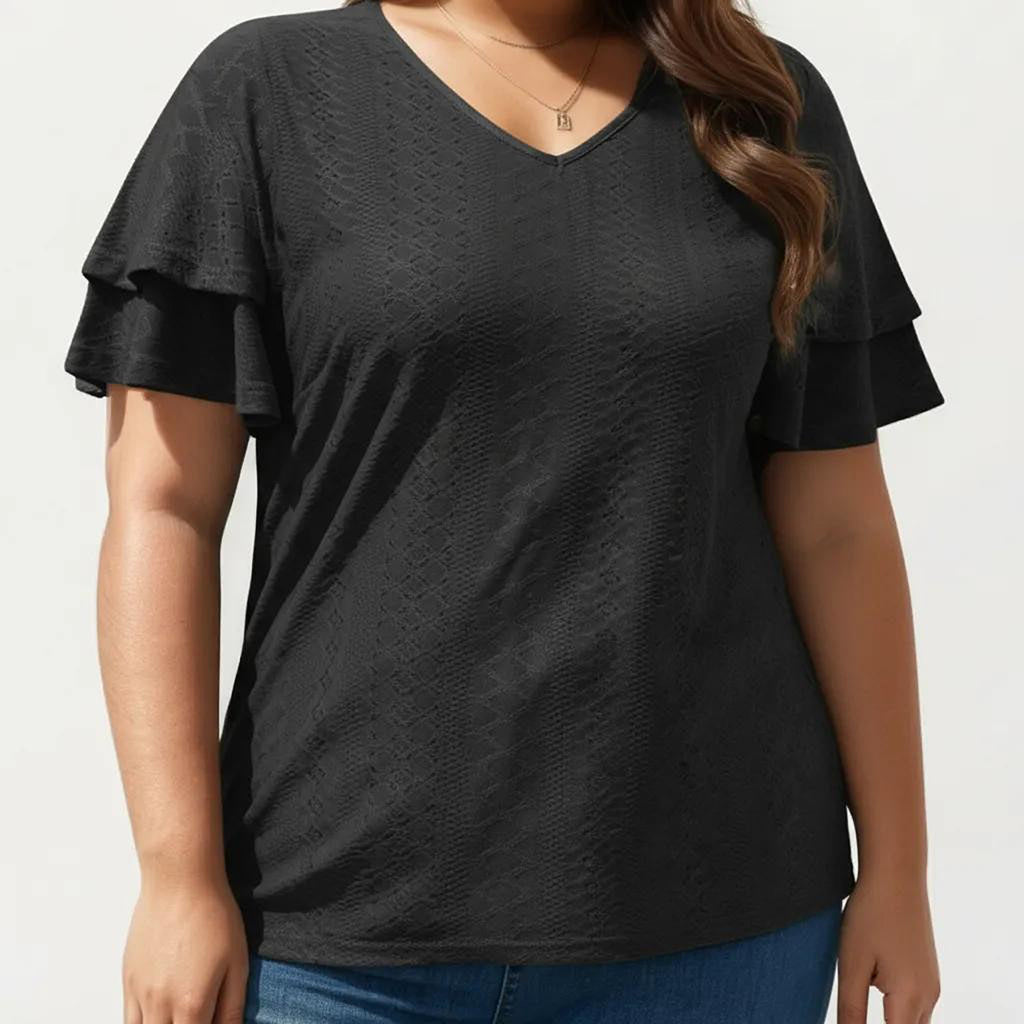 Anna-Kaci Women's Plus Size Short Sleeve V Neck Top with Textured Knit Fabric Tiered Ruffle Sleeves Shirt