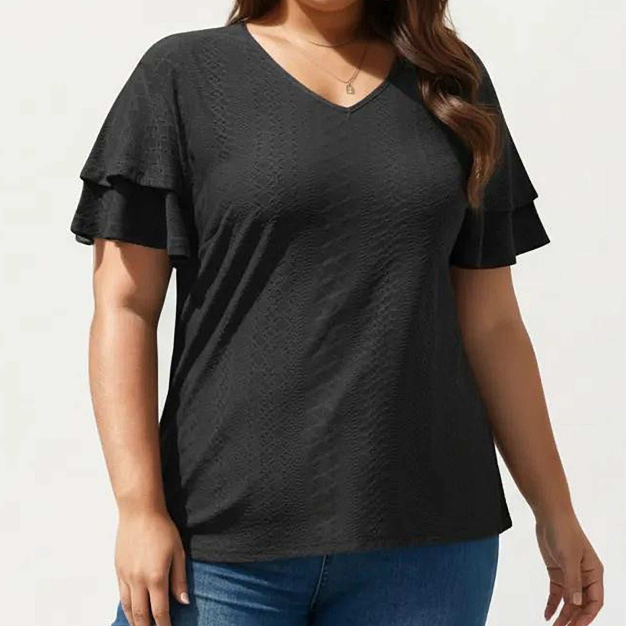 Anna-Kaci Women's Plus Size Short Sleeve V Neck Top with Textured Knit Fabric Tiered Ruffle Sleeves Shirt