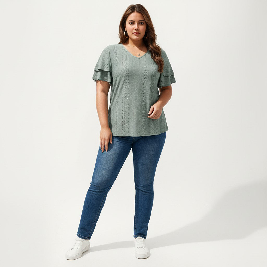 Anna-Kaci Women's Plus Size Short Sleeve V Neck Top with Textured Knit Fabric Tiered Ruffle Sleeves Shirt