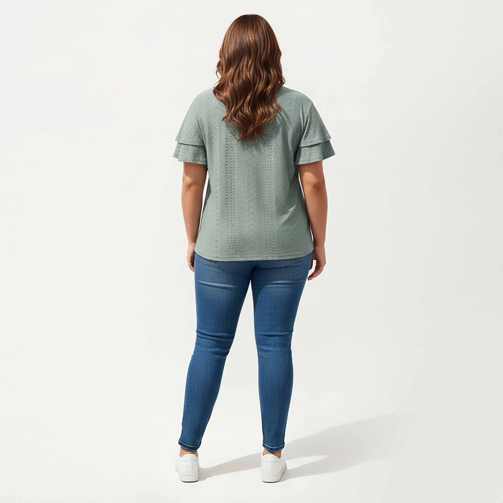 Anna-Kaci Women's Plus Size Short Sleeve V Neck Top with Textured Knit Fabric Tiered Ruffle Sleeves Shirt