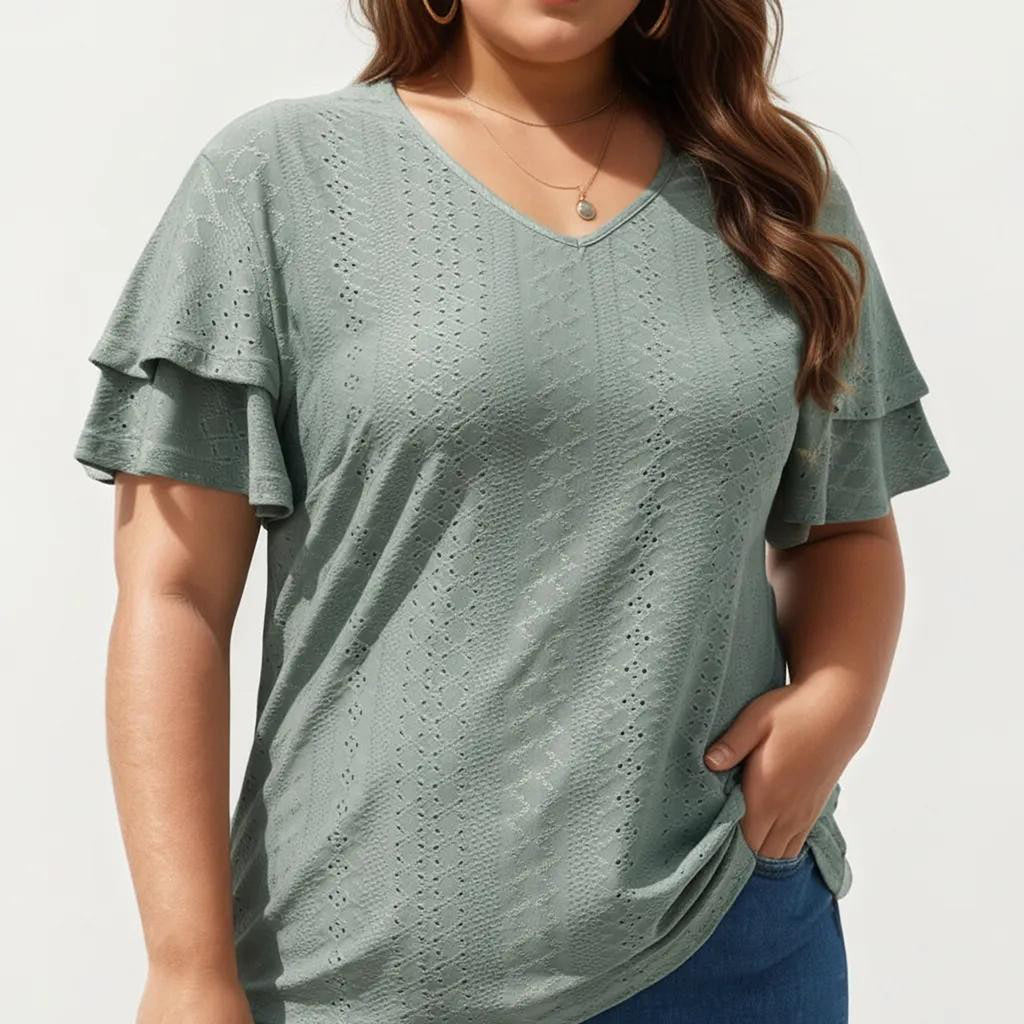 Anna-Kaci Women's Plus Size Short Sleeve V Neck Top with Textured Knit Fabric Tiered Ruffle Sleeves Shirt