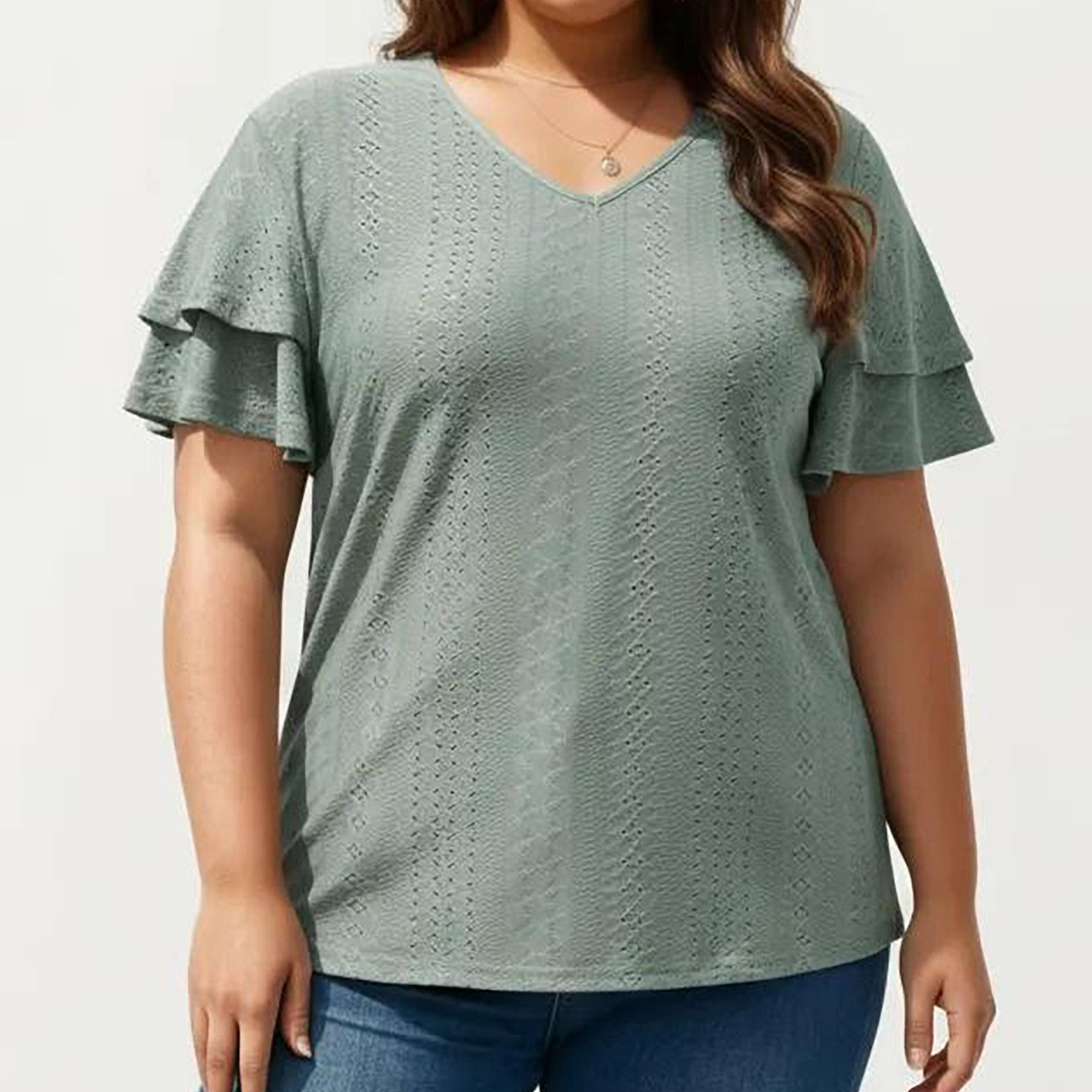 Anna-Kaci Women's Plus Size Short Sleeve V Neck Top with Textured Knit Fabric Tiered Ruffle Sleeves Shirt