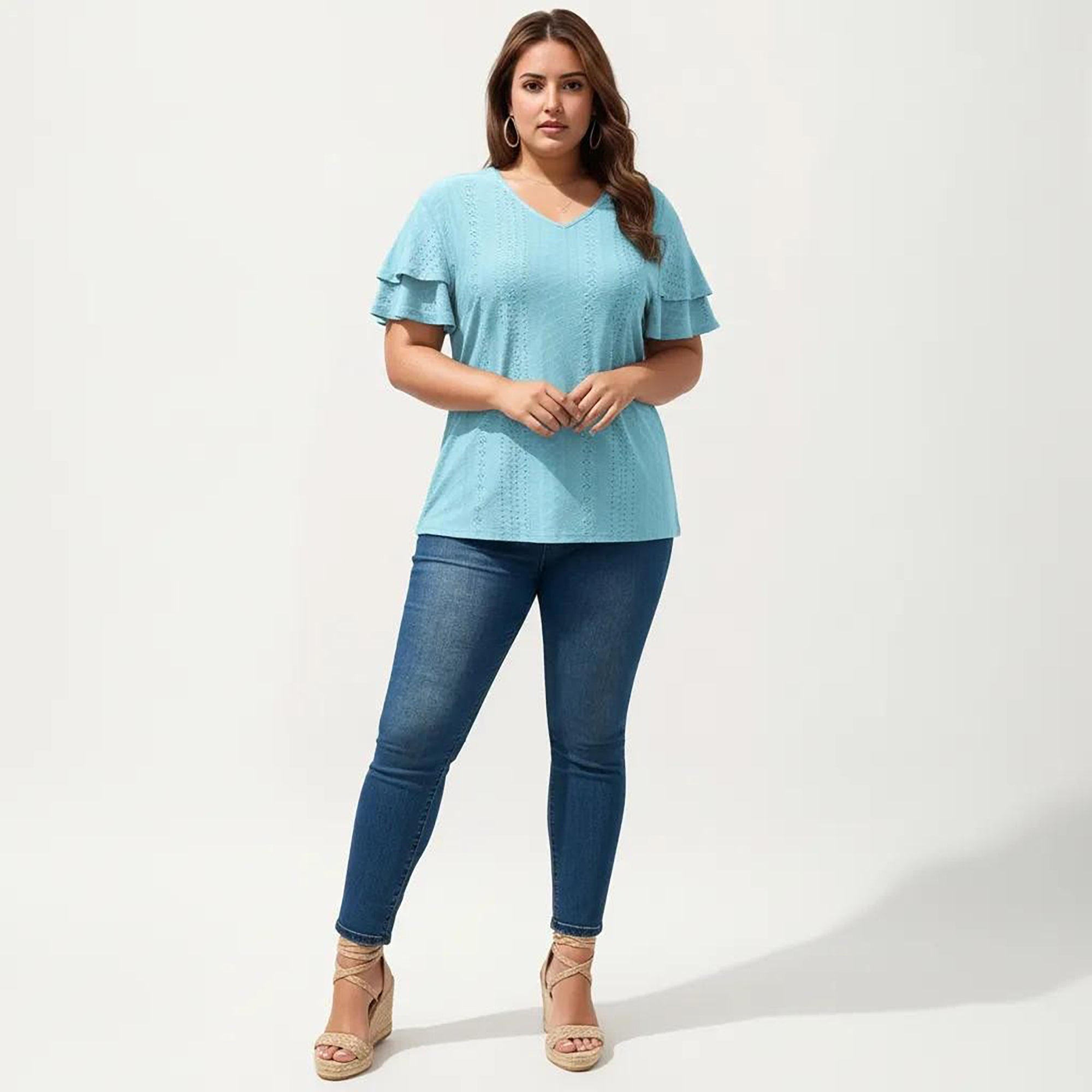 Anna-Kaci Women's Plus Size Short Sleeve V Neck Top with Textured Knit Fabric Tiered Ruffle Sleeves Shirt
