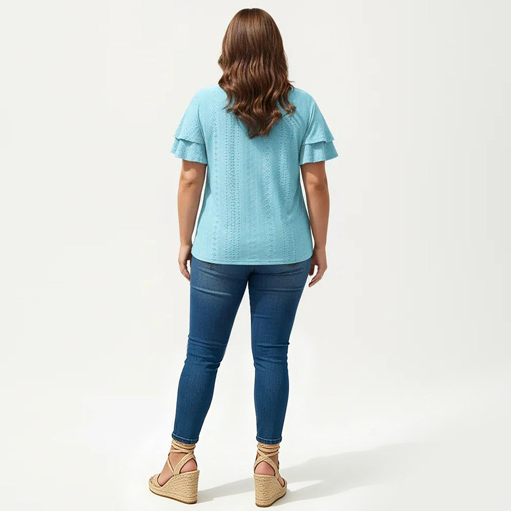 Anna-Kaci Women's Plus Size Short Sleeve V Neck Top with Textured Knit Fabric Tiered Ruffle Sleeves Shirt