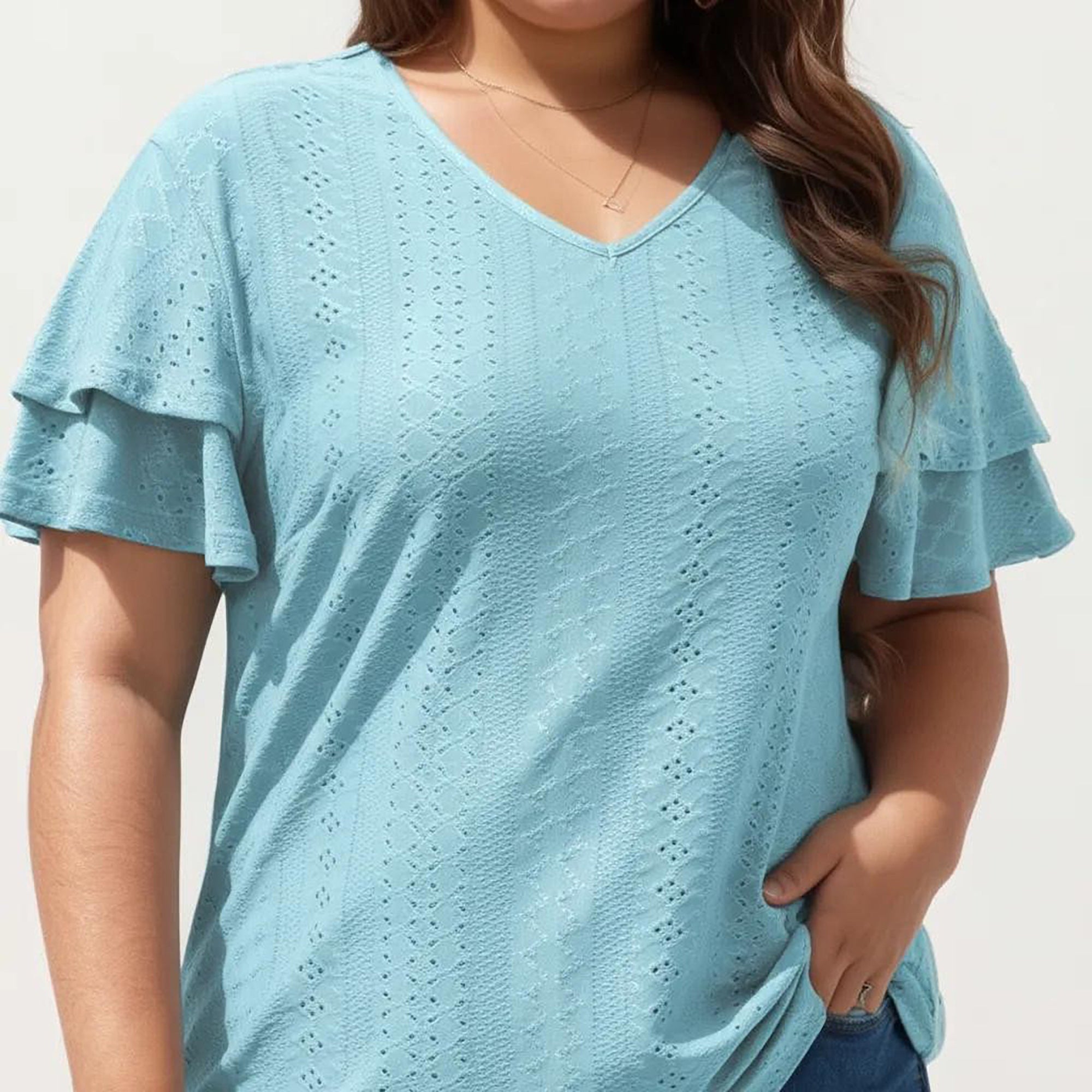 Anna-Kaci Women's Plus Size Short Sleeve V Neck Top with Textured Knit Fabric Tiered Ruffle Sleeves Shirt
