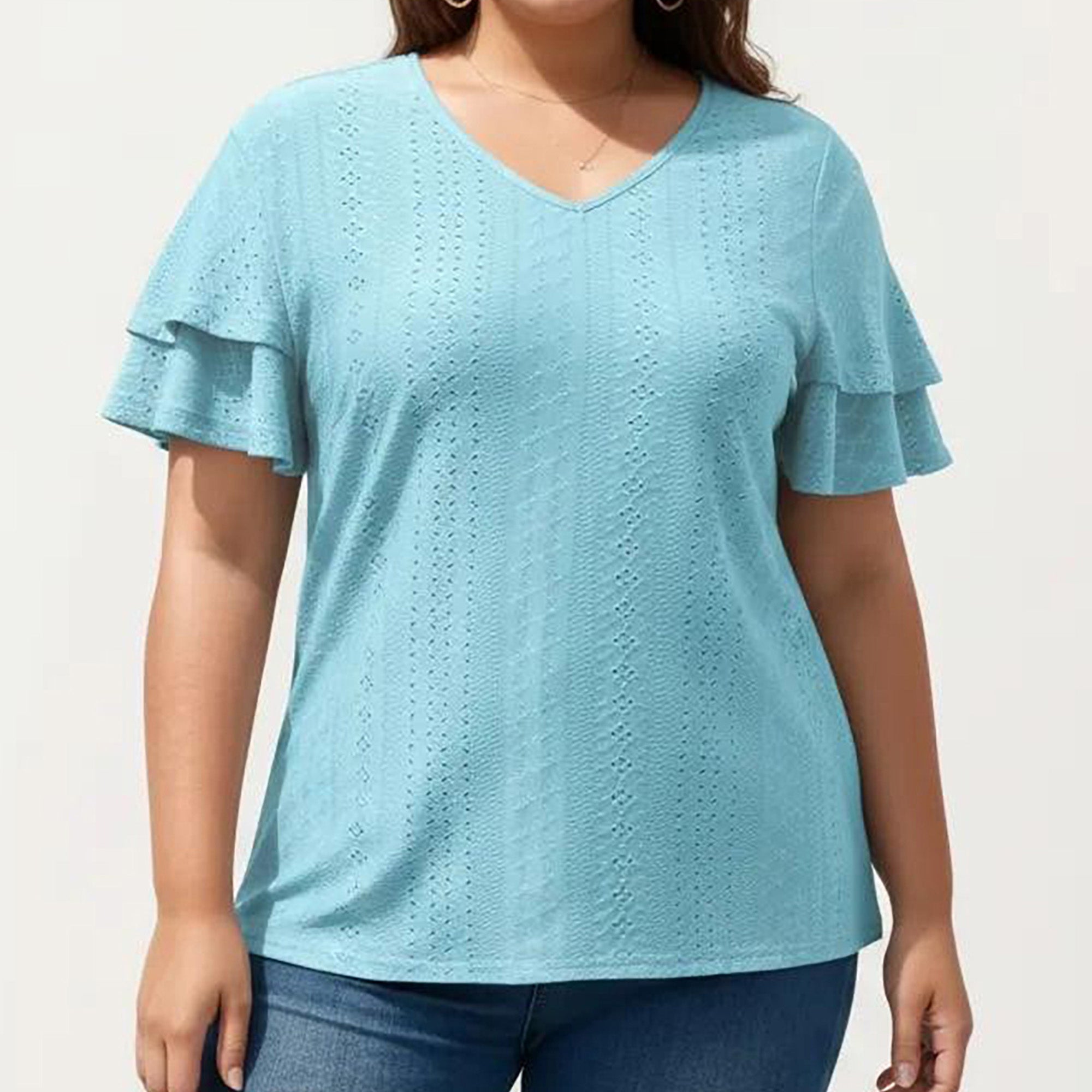 Anna-Kaci Women's Plus Size Short Sleeve V Neck Top with Textured Knit Fabric Tiered Ruffle Sleeves Shirt