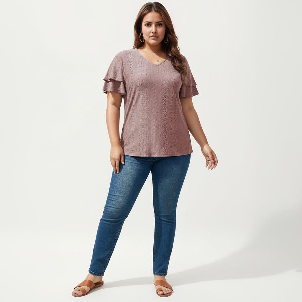 Anna-Kaci Women's Plus Size Short Sleeve V Neck Top with Textured Knit Fabric Tiered Ruffle Sleeves Shirt