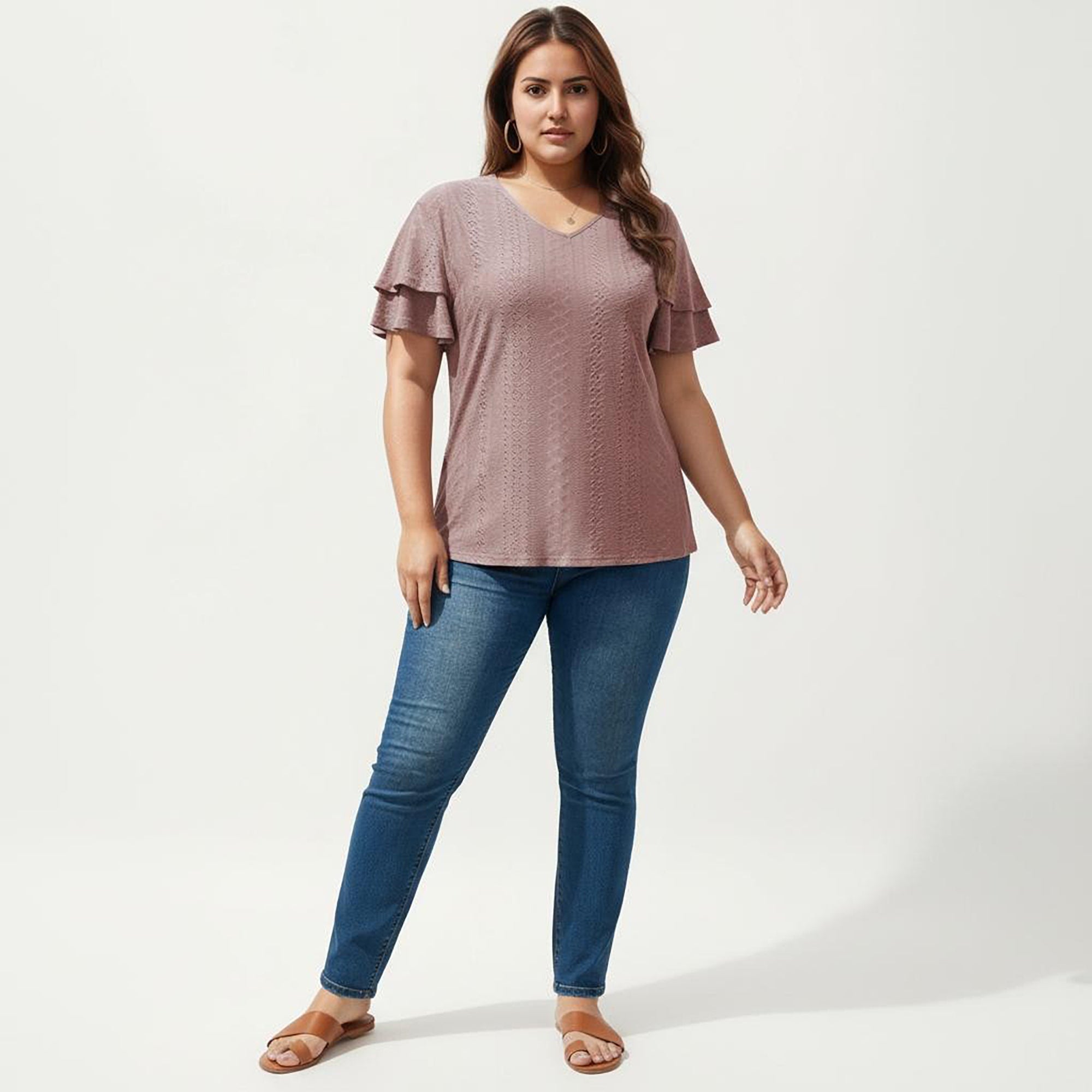 Anna-Kaci Women's Plus Size Short Sleeve V Neck Top with Textured Knit Fabric Tiered Ruffle Sleeves Shirt