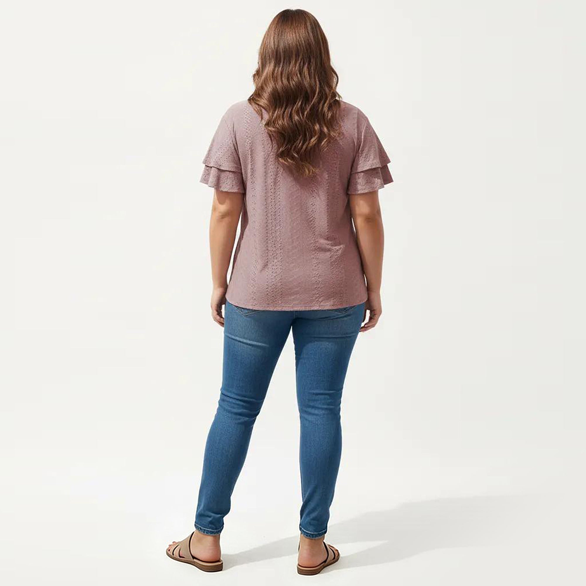 Anna-Kaci Women's Plus Size Short Sleeve V Neck Top with Textured Knit Fabric Tiered Ruffle Sleeves Shirt