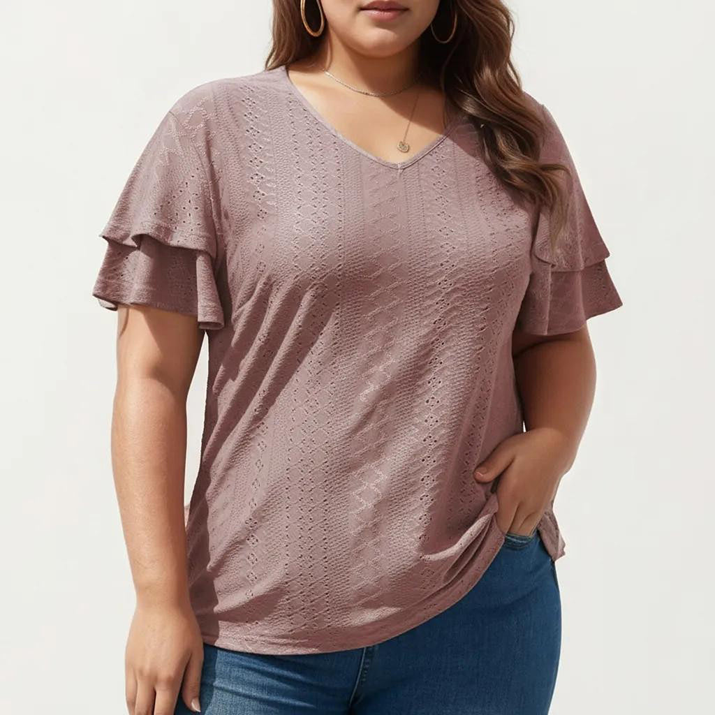 Anna-Kaci Women's Plus Size Short Sleeve V Neck Top with Textured Knit Fabric Tiered Ruffle Sleeves Shirt