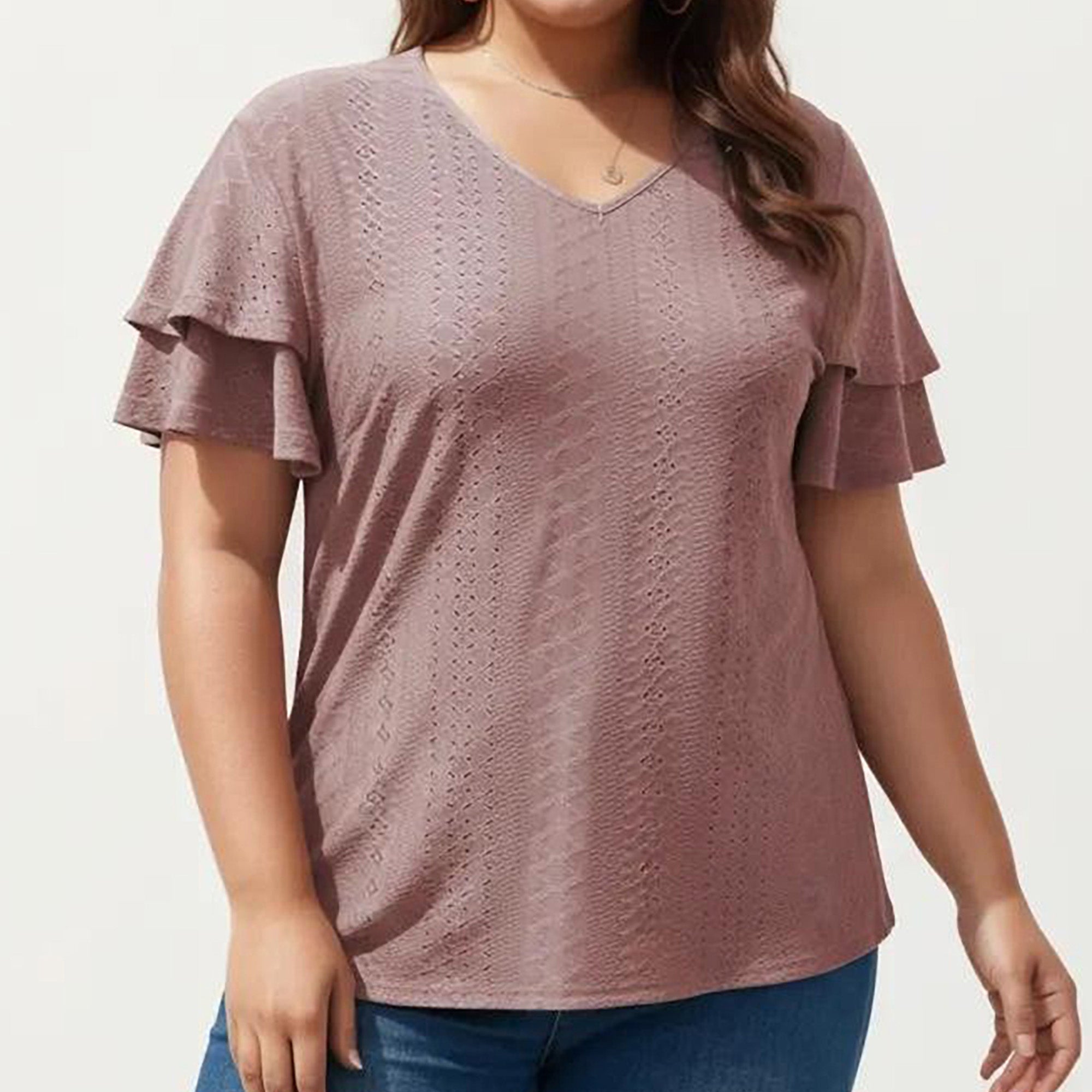 Anna-Kaci Women's Plus Size Short Sleeve V Neck Top with Textured Knit Fabric Tiered Ruffle Sleeves Shirt