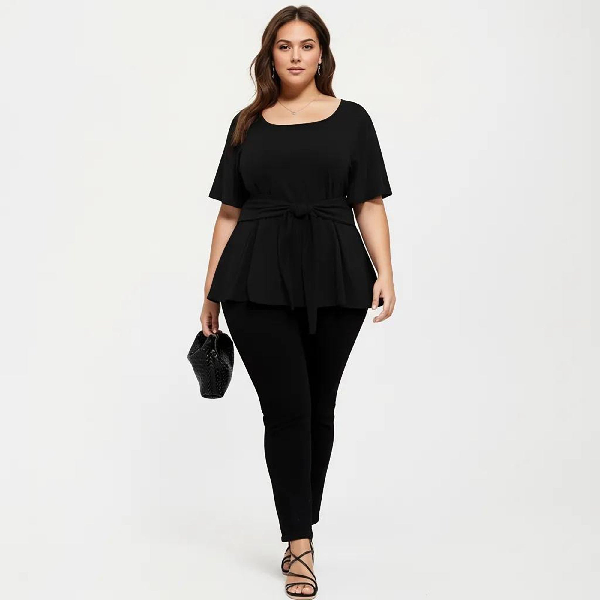 Anna-Kaci Women's Plus Size Short Sleeve Scoop Neck Top with Waist Tie Detail Flowy Peplum Hem Relaxed Shirt