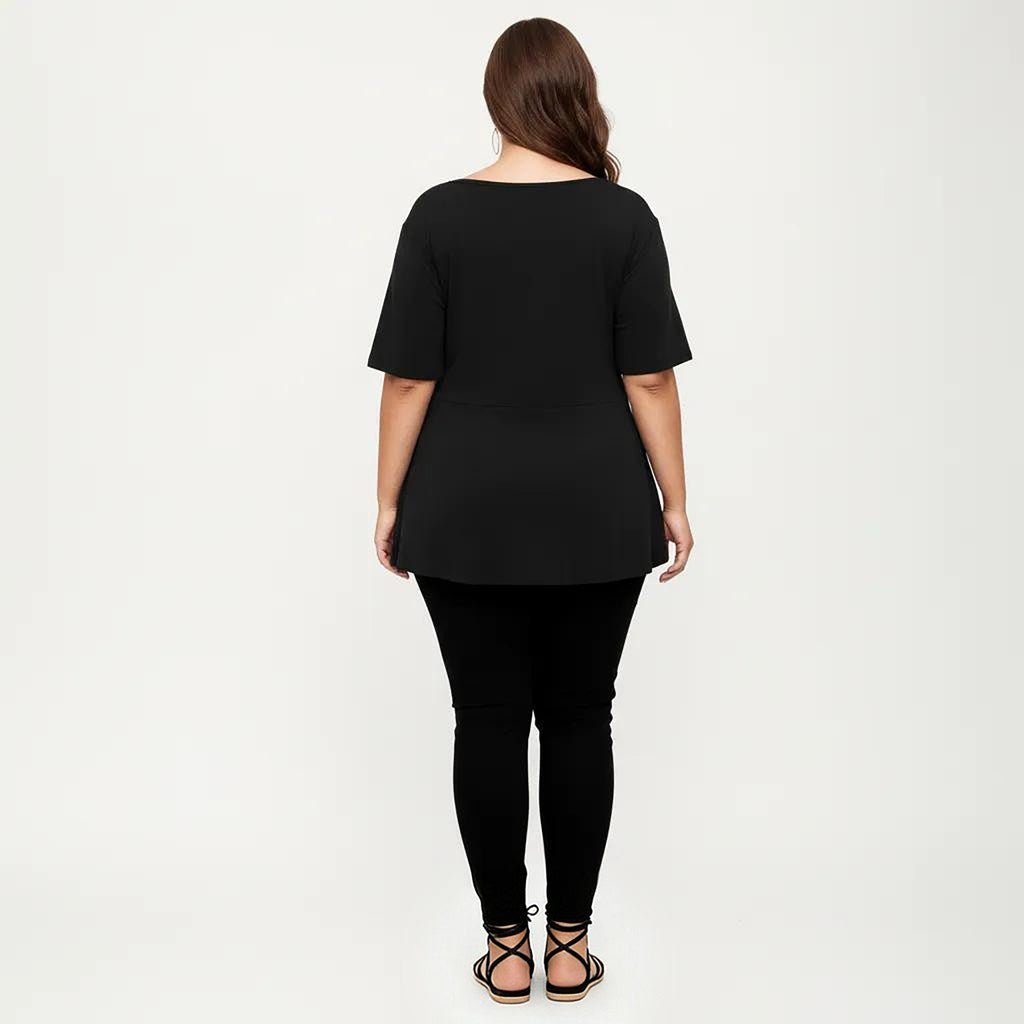 Anna-Kaci Women's Plus Size Short Sleeve Scoop Neck Top with Waist Tie Detail Flowy Peplum Hem Relaxed Shirt